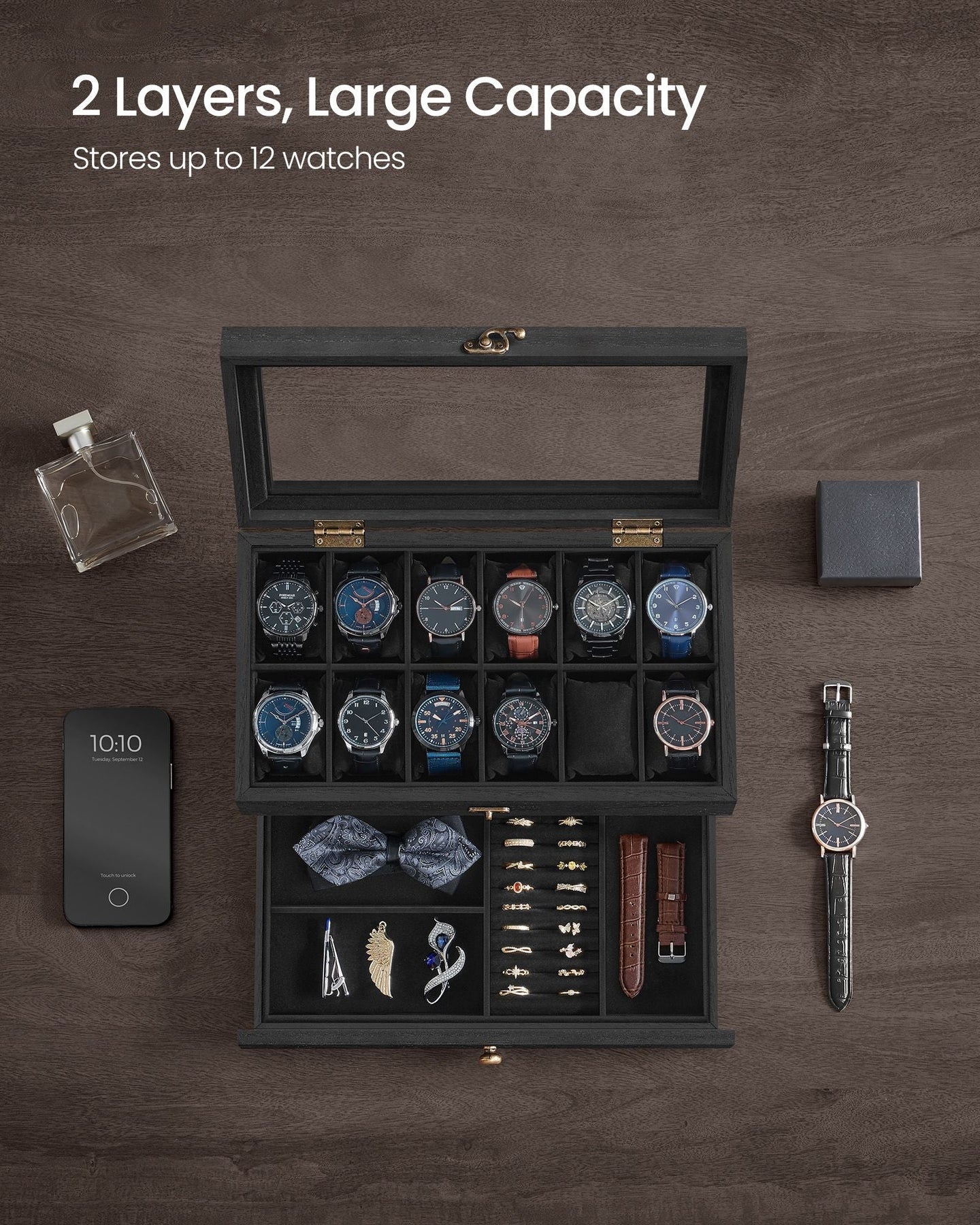2-Tier Wood Watch Case - Wood - Ink Black - 8 Slots with Large Glass Lid and Velvet Lining