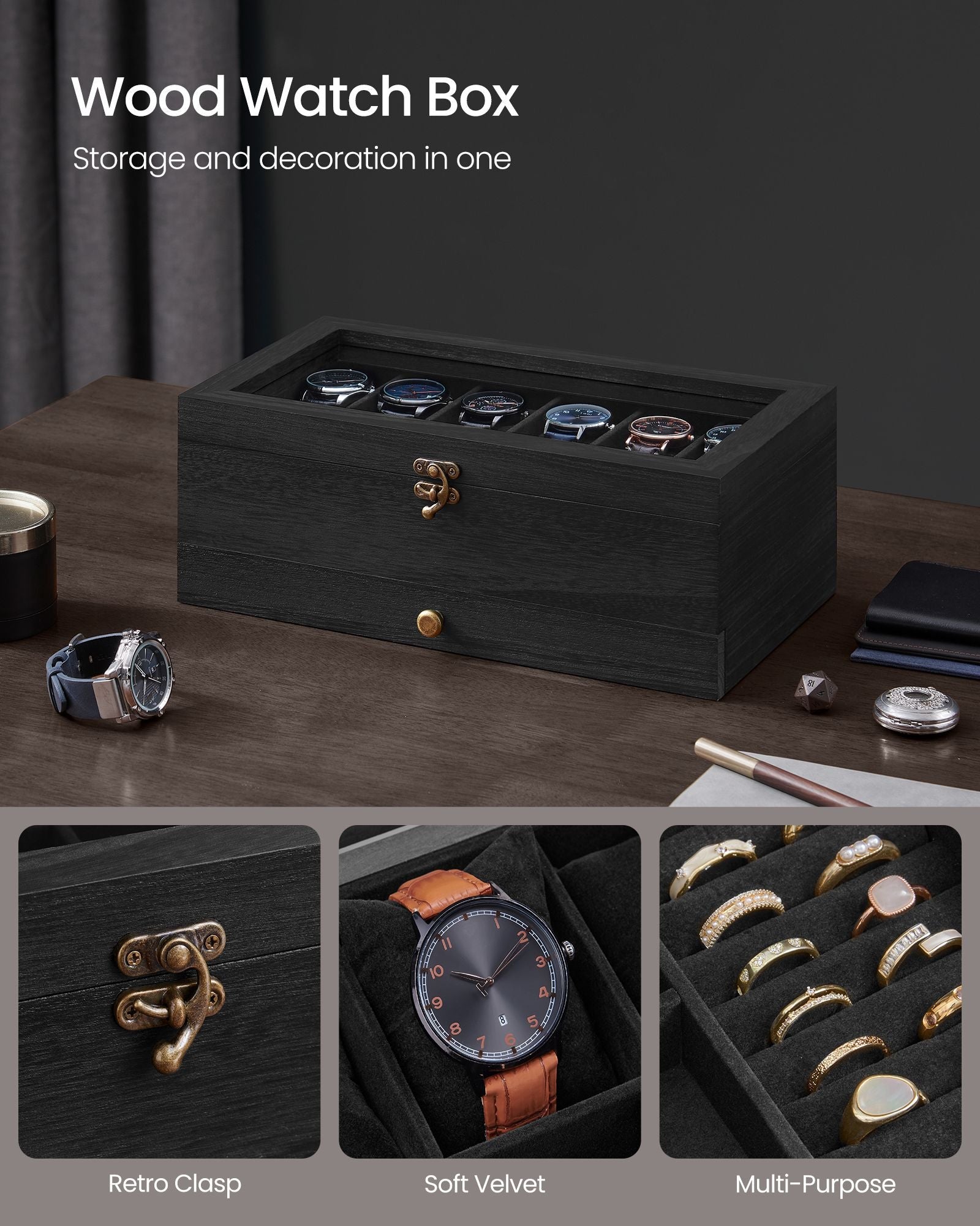 2-Tier Wood Watch Case - Wood - Ink Black - 8 Slots with Large Glass Lid and Velvet Lining