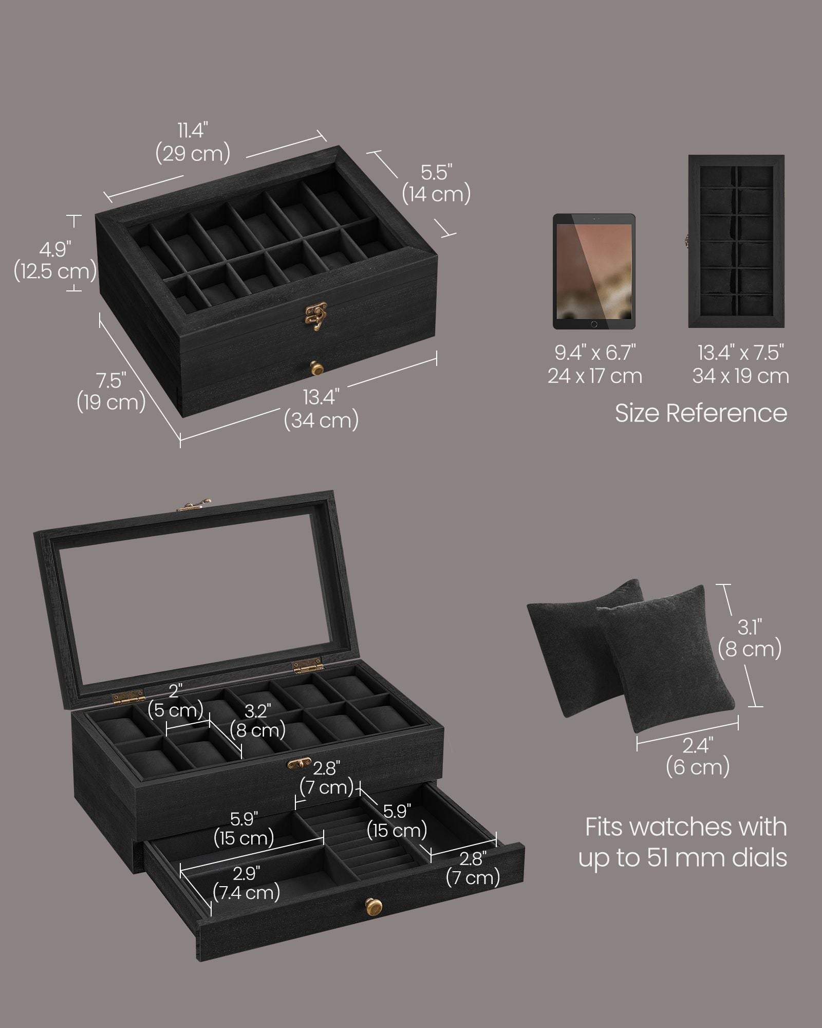 2-Tier Wood Watch Case - Wood - Ink Black - 8 Slots with Large Glass Lid and Velvet Lining