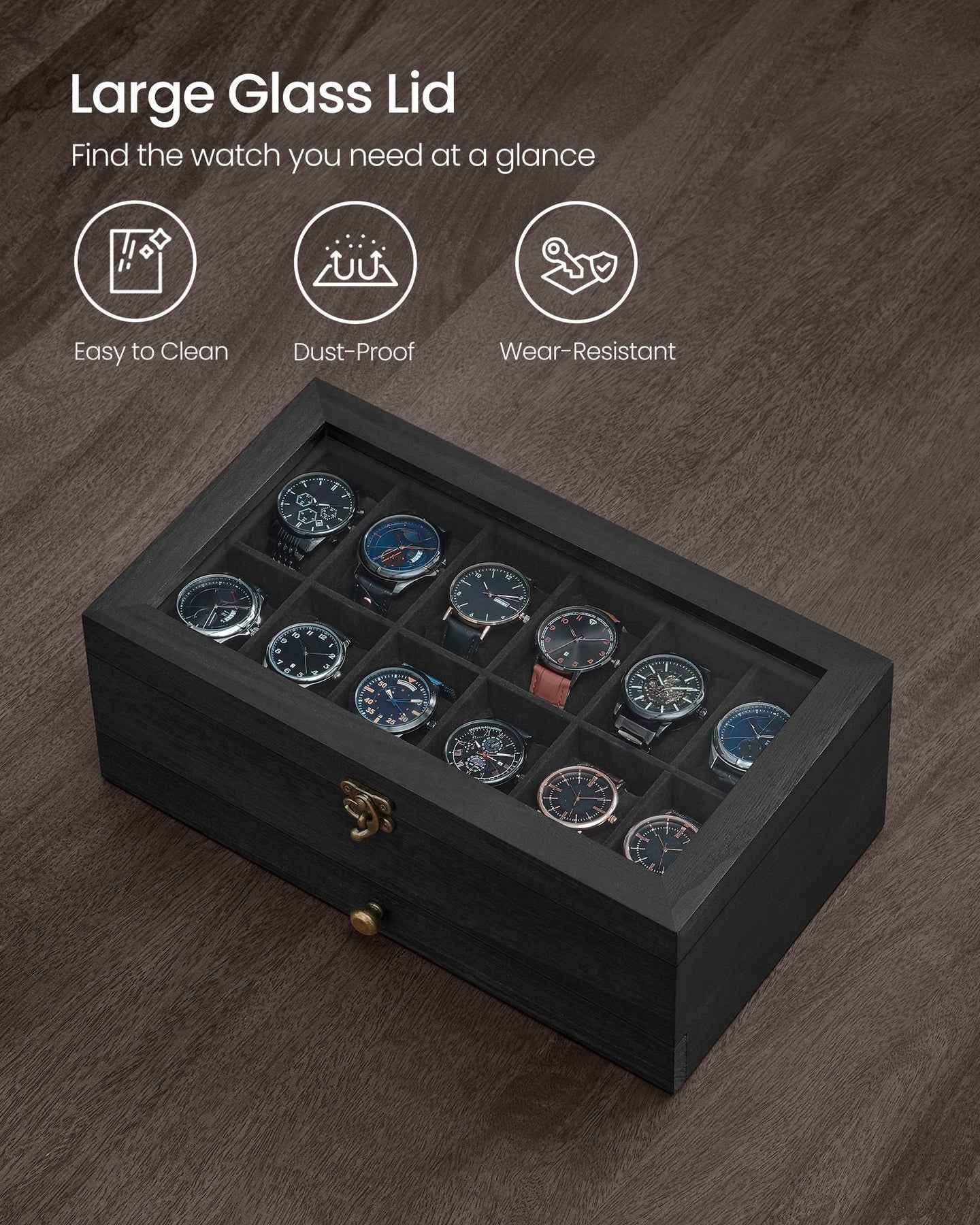 2-Tier Wood Watch Case - Wood - Ink Black - 8 Slots with Large Glass Lid and Velvet Lining
