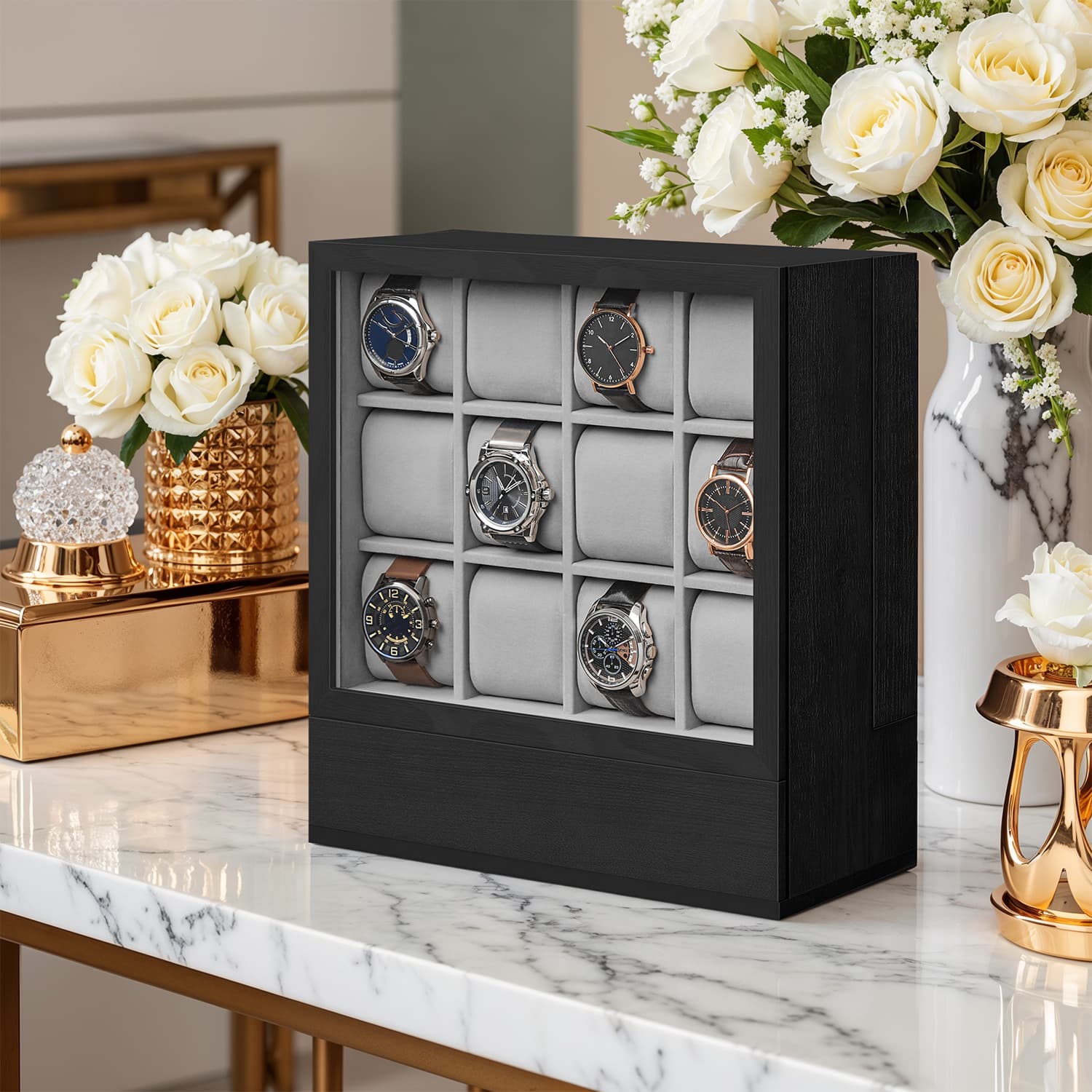Watch Display Case - Wood - Ebony Black - 12-Slot Organizer with Glass Window