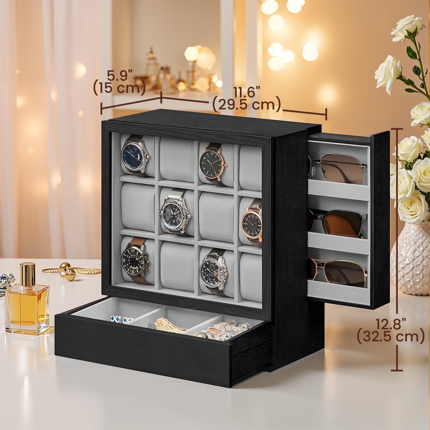 Watch Display Case - Wood - Ebony Black - 12-Slot Organizer with Glass Window
