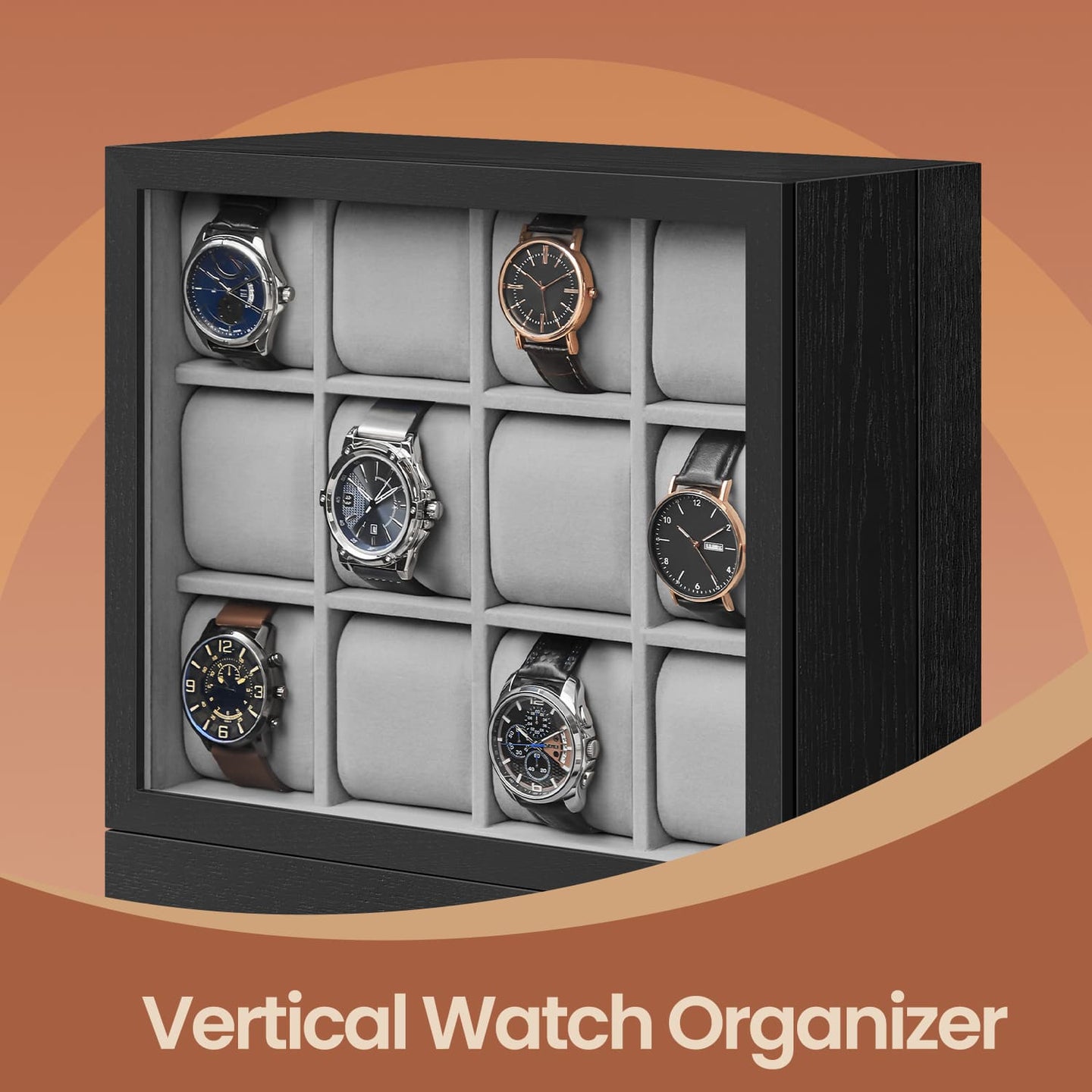 Watch Display Case - Wood - Ebony Black - 12-Slot Organizer with Glass Window