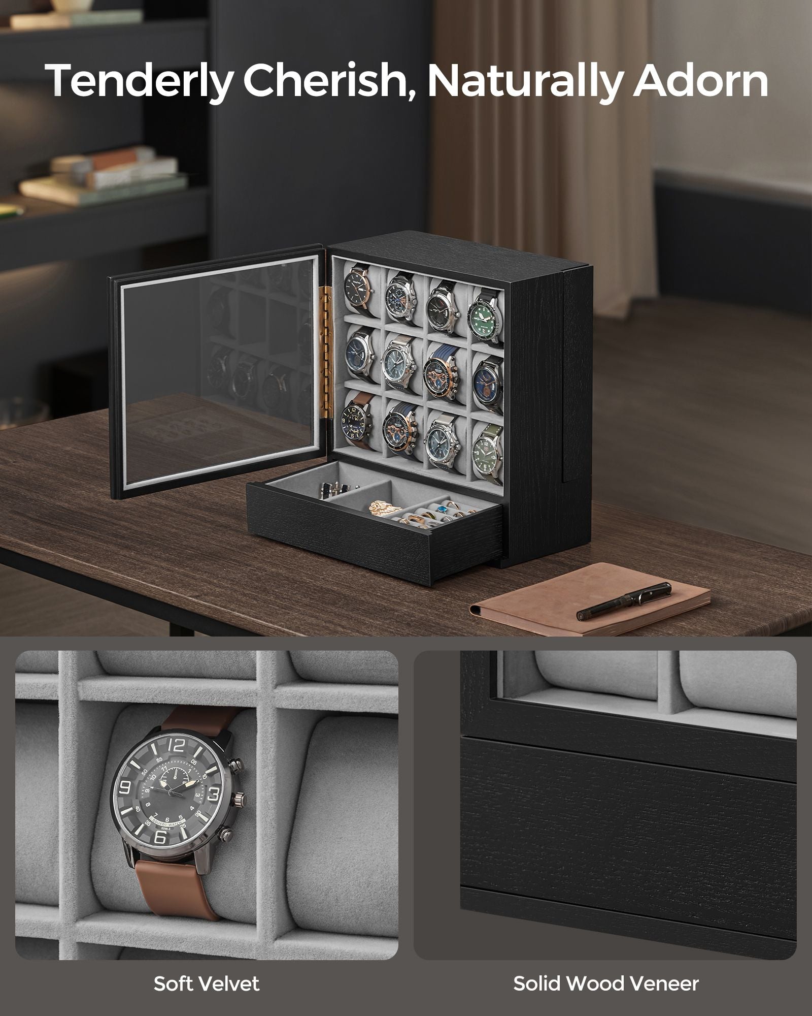 12-Slot Wooden Watch Box - Solid Wood Veneer - Ebony Black - Vertical Storage with Display Window