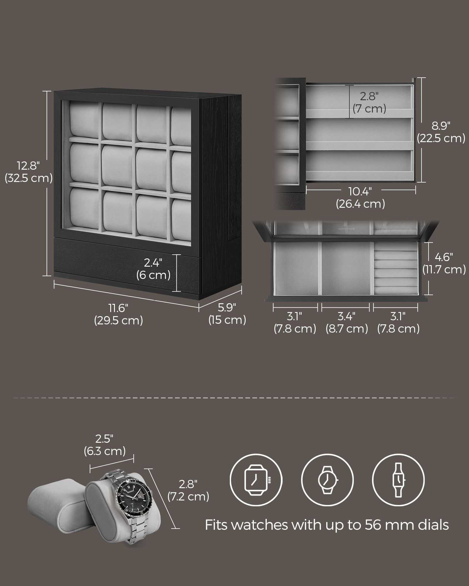 12-Slot Wooden Watch Box - Solid Wood Veneer - Ebony Black - Vertical Storage with Display Window