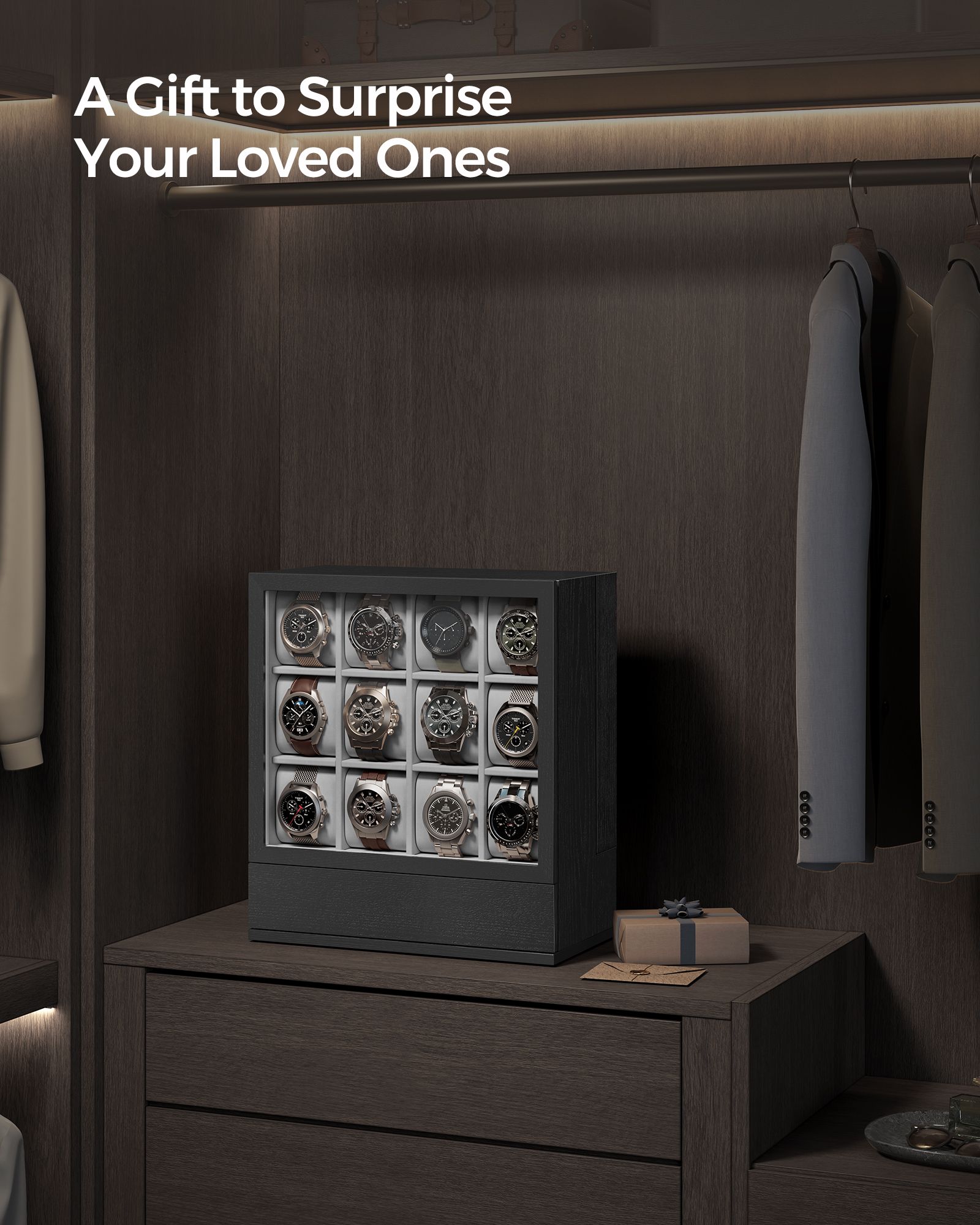 12-Slot Wooden Watch Box - Solid Wood Veneer - Ebony Black - Vertical Storage with Display Window