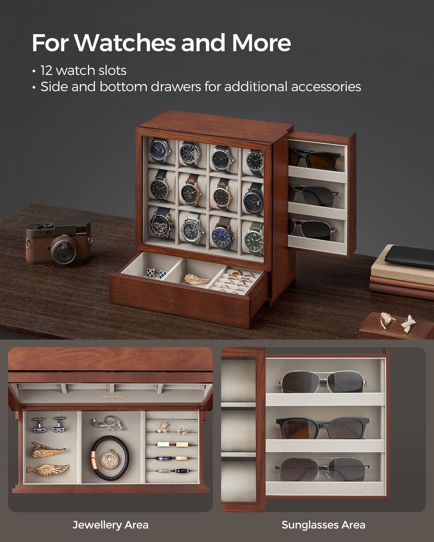 Watch Display Box - Solid Wood Veneer - Coffee Brown - 12-Slot Vertical Storage with Window