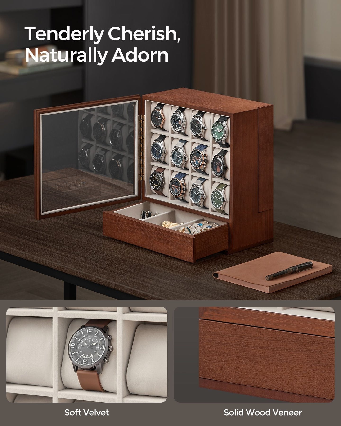 Watch Display Box - Solid Wood Veneer - Coffee Brown - 12-Slot Vertical Storage with Window