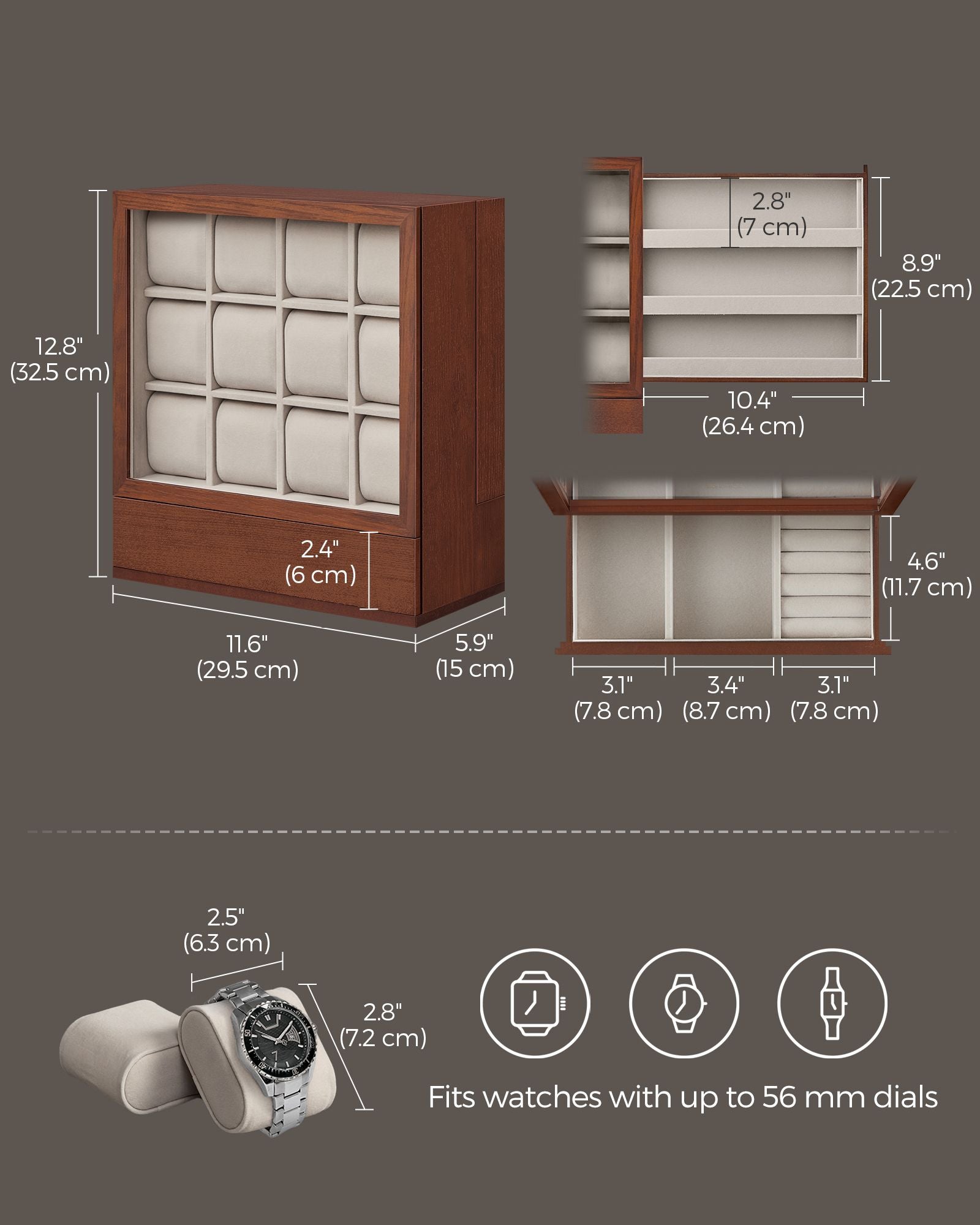 Watch Display Box - Solid Wood Veneer - Coffee Brown - 12-Slot Vertical Storage with Window
