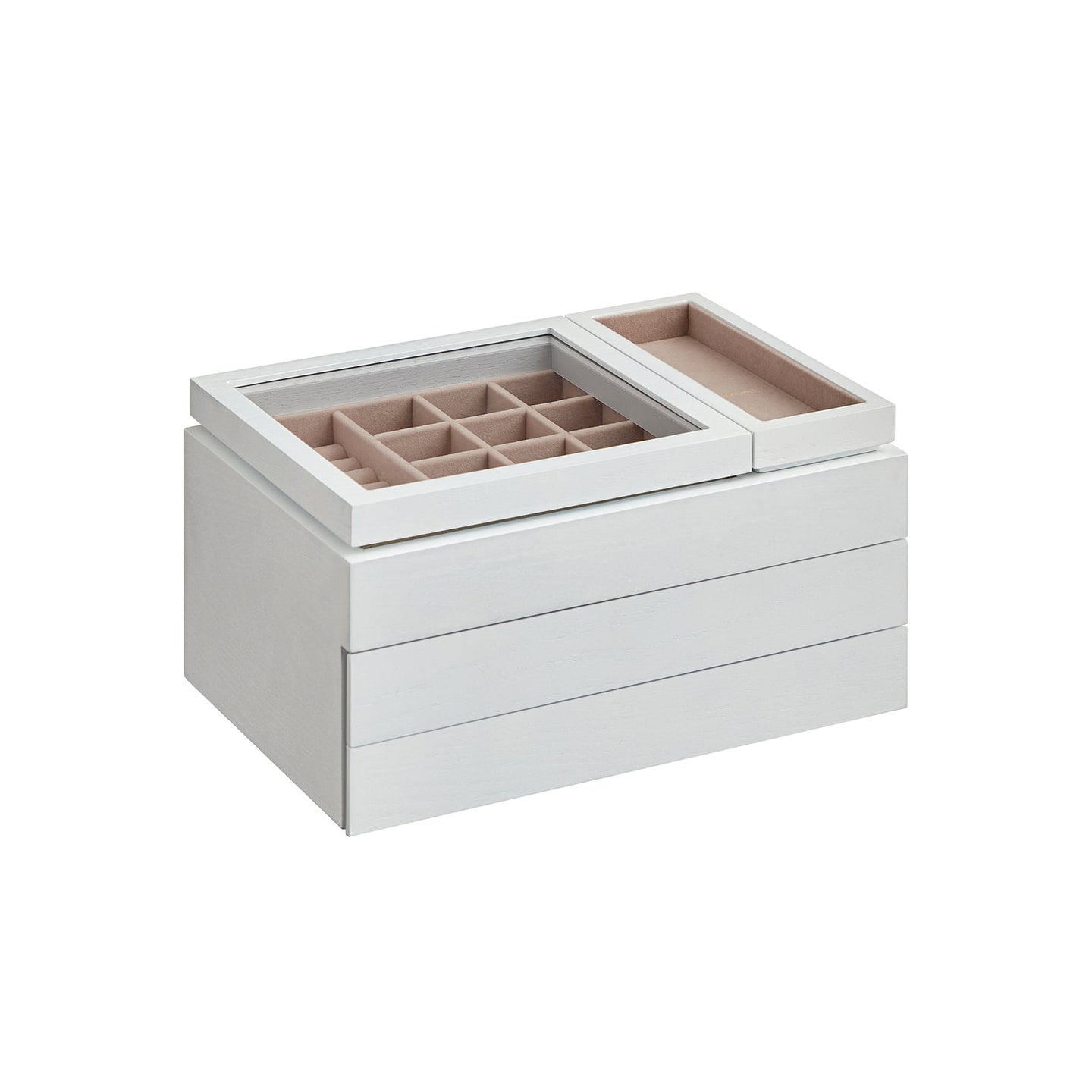 3-Layer Wooden Jewellery Organiser - Solid Wood Veneer - Snow White - Clear Lid with Removable Tray and Velvet Lining