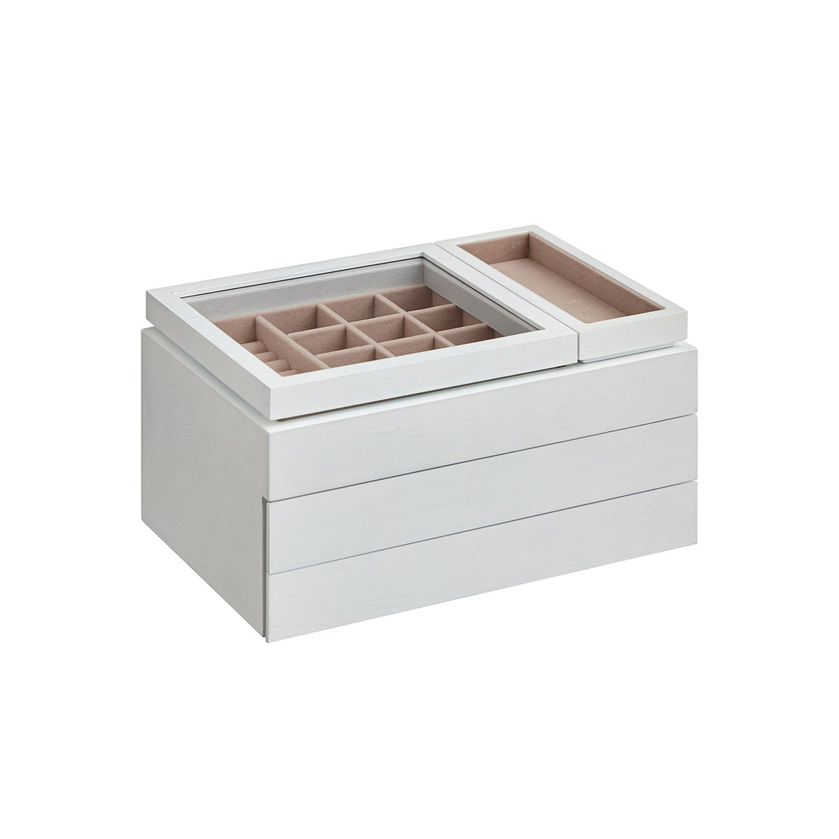 3-Layer Wooden Jewellery Organiser - Solid Wood Veneer - Snow White - Clear Lid with Removable Tray and Velvet Lining