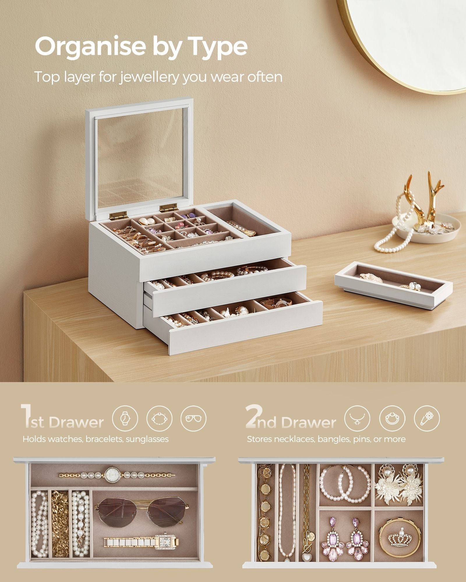 3-Layer Wooden Jewellery Organiser - Solid Wood Veneer - Snow White - Clear Lid with Removable Tray and Velvet Lining