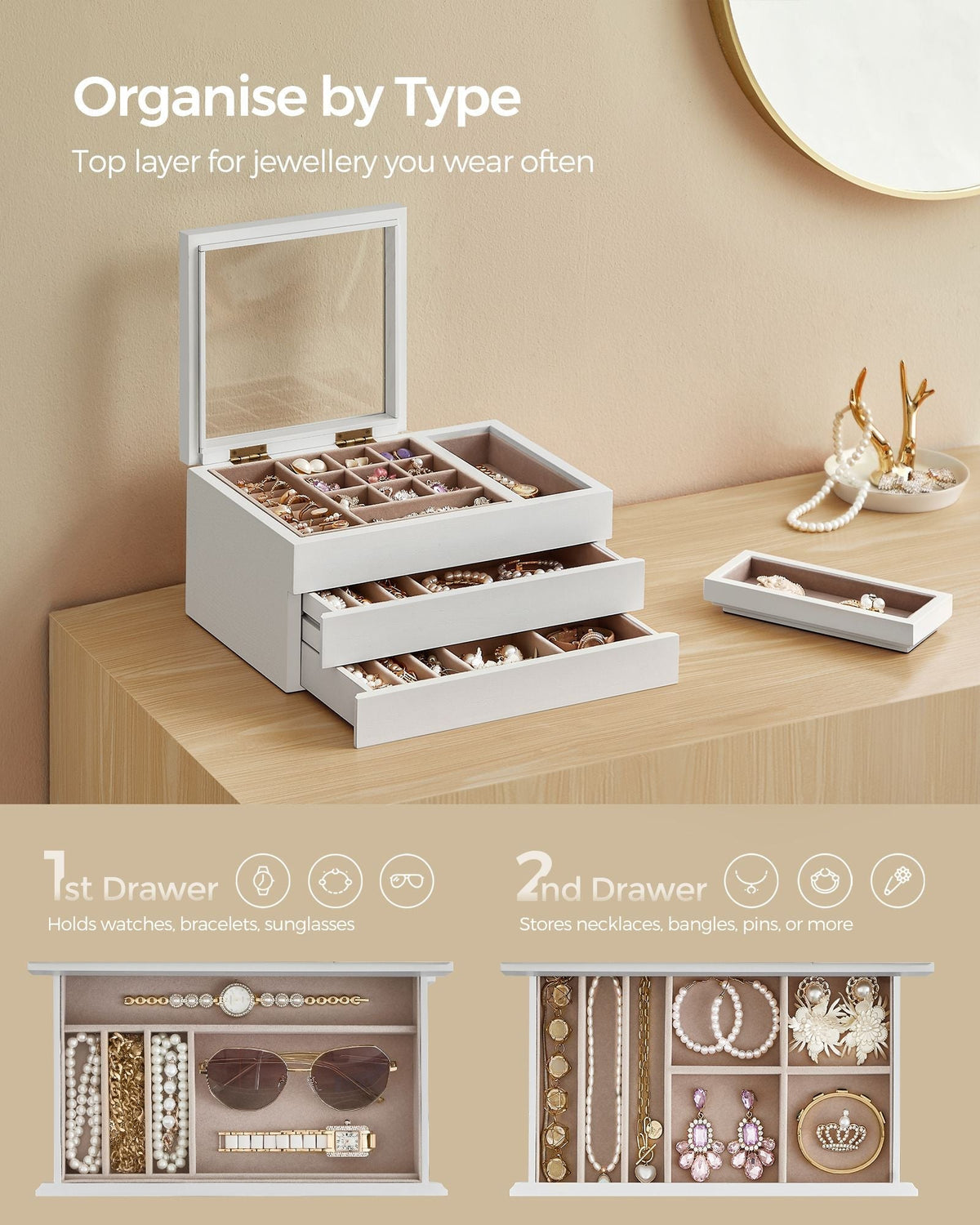 3-Layer Wooden Jewellery Organiser - Solid Wood Veneer - Snow White - Clear Lid with Removable Tray and Velvet Lining
