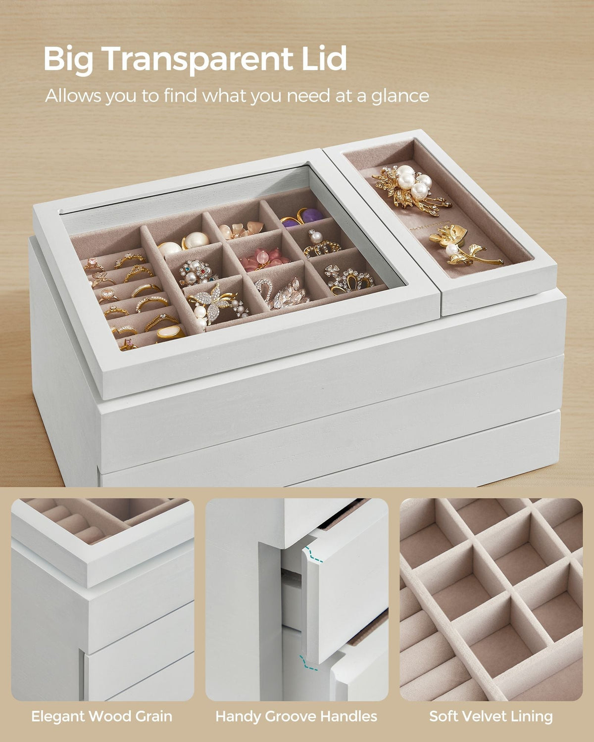3-Layer Wooden Jewellery Organiser - Solid Wood Veneer - Snow White - Clear Lid with Removable Tray and Velvet Lining