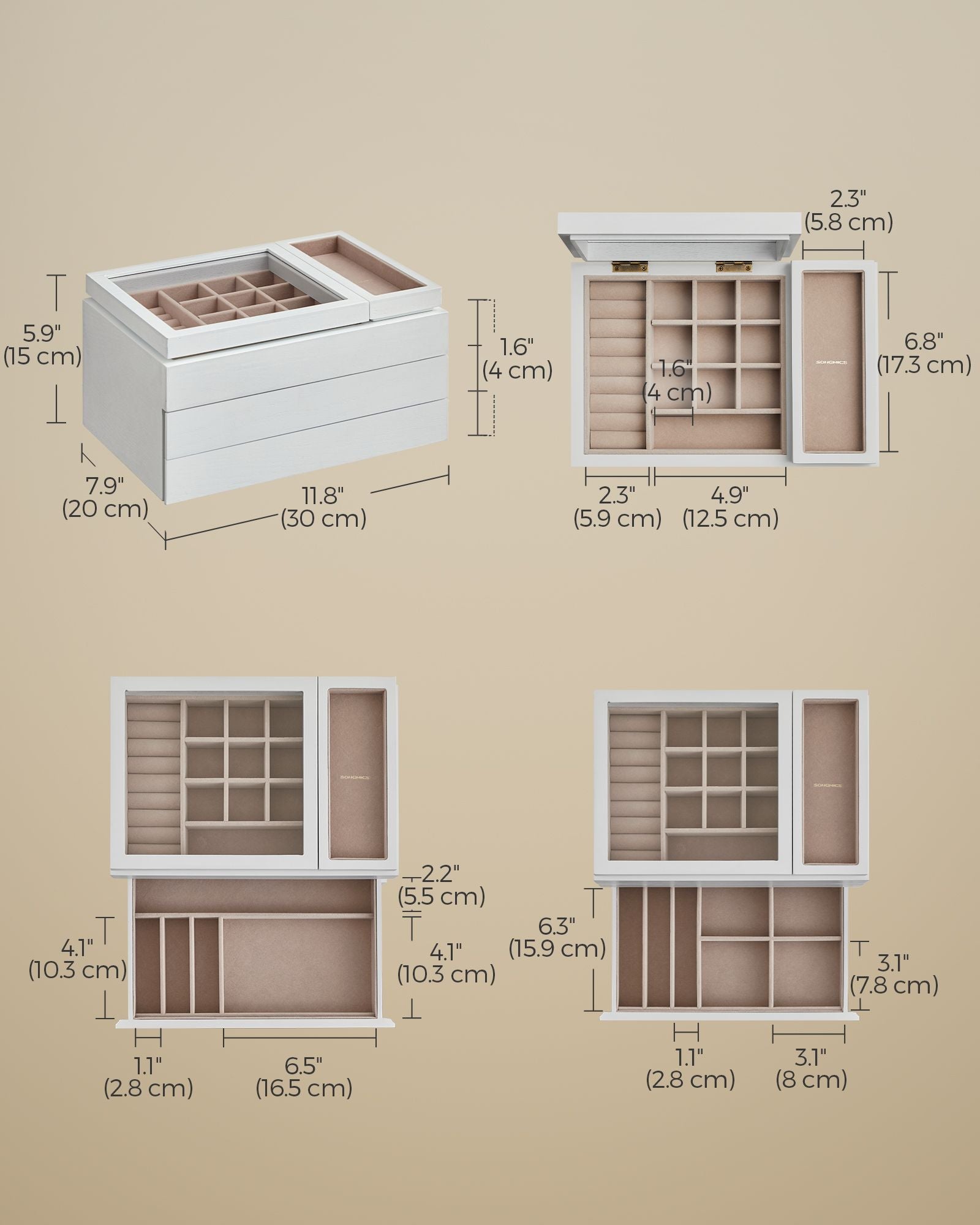 3-Layer Wooden Jewellery Organiser - Solid Wood Veneer - Snow White - Clear Lid with Removable Tray and Velvet Lining