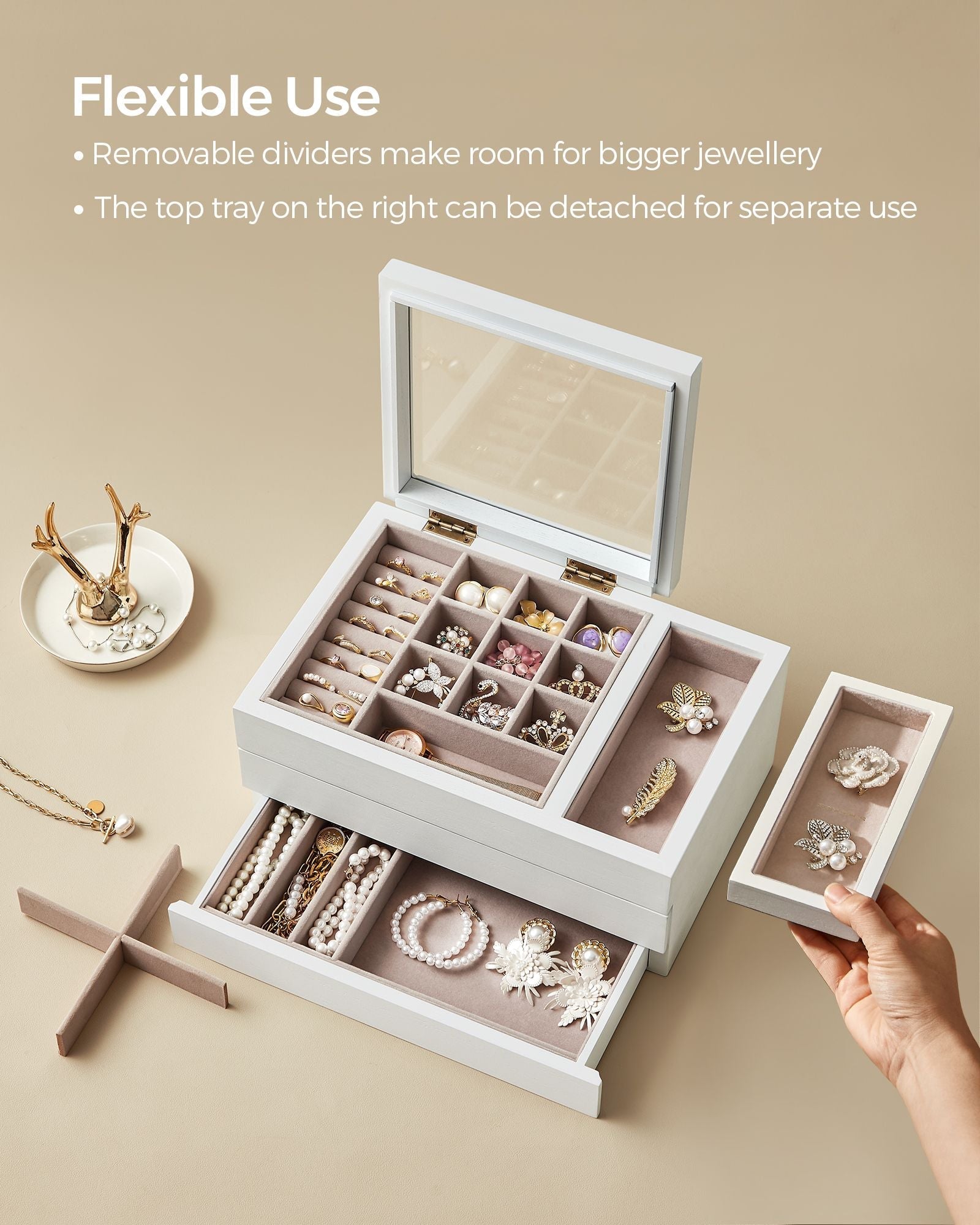 3-Layer Wooden Jewellery Organiser - Solid Wood Veneer - Snow White - Clear Lid with Removable Tray and Velvet Lining