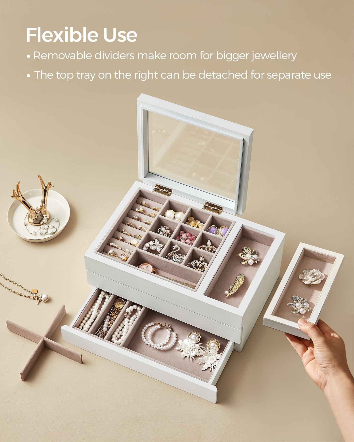 3-Layer Wooden Jewellery Organiser - Solid Wood Veneer - Snow White - Clear Lid with Removable Tray and Velvet Lining