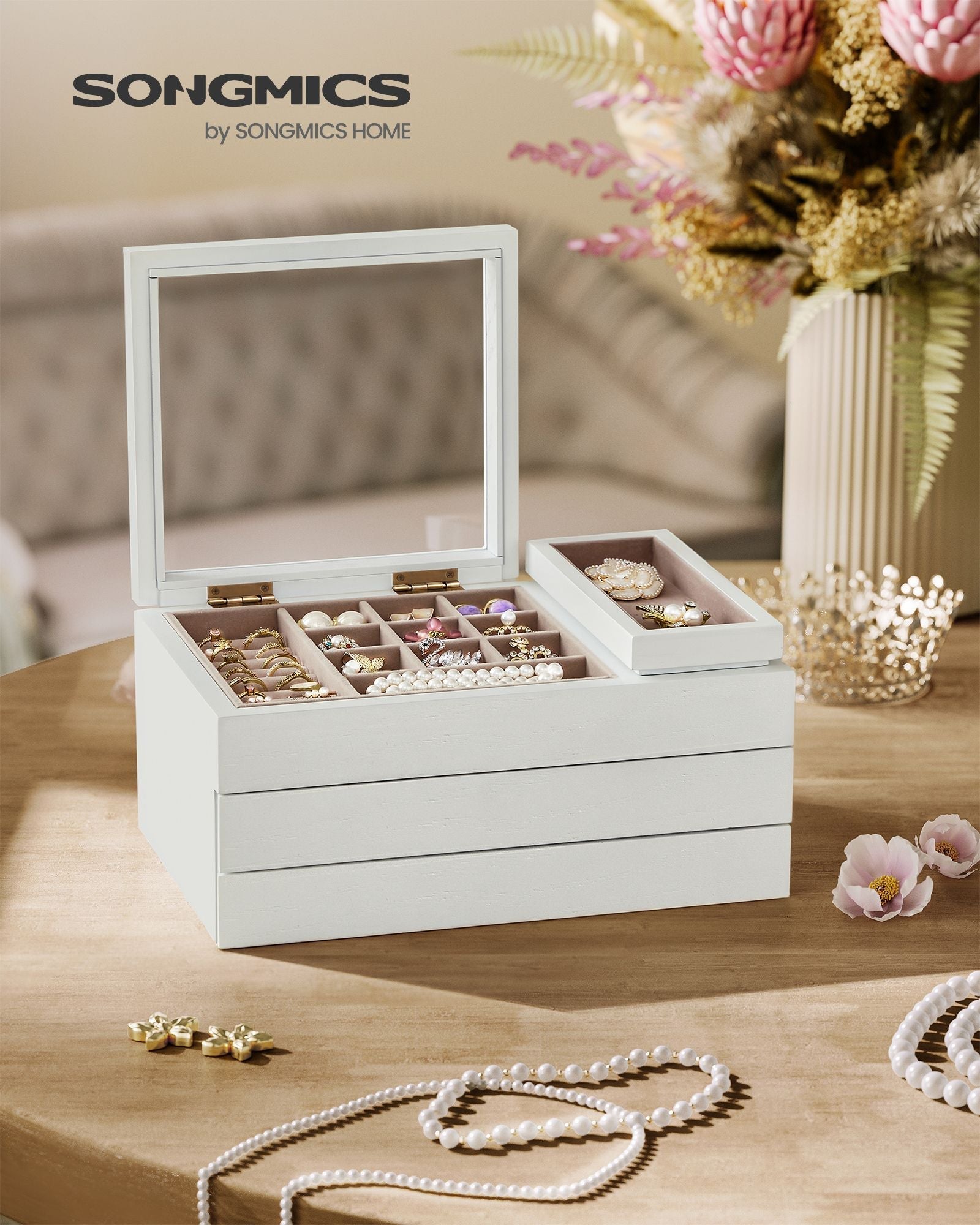 3-Layer Wooden Jewellery Organiser - Solid Wood Veneer - Snow White - Clear Lid with Removable Tray and Velvet Lining