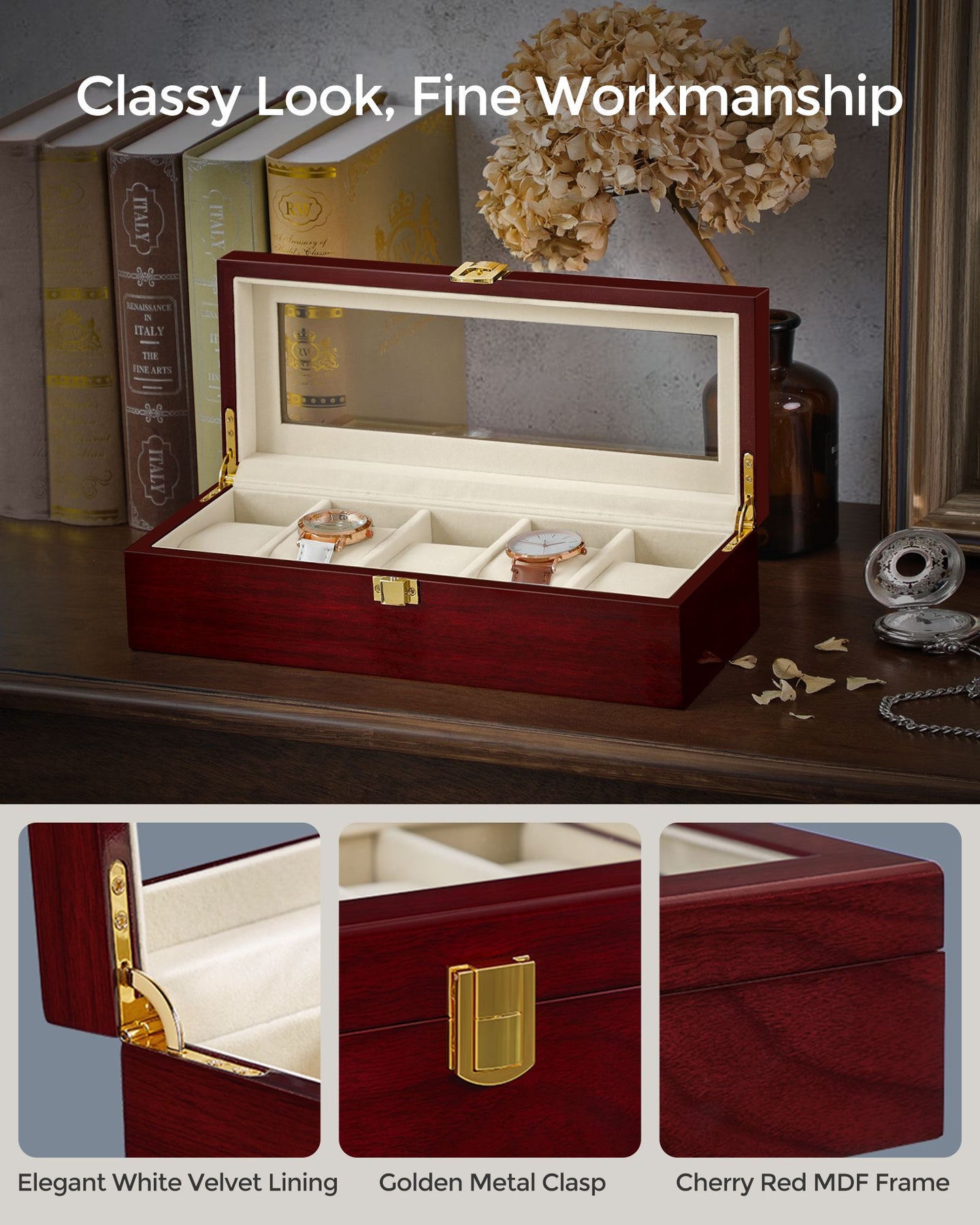Watch Box - Wood - Elegant White - 5-Slot with Glass Lid and Removable Pillows