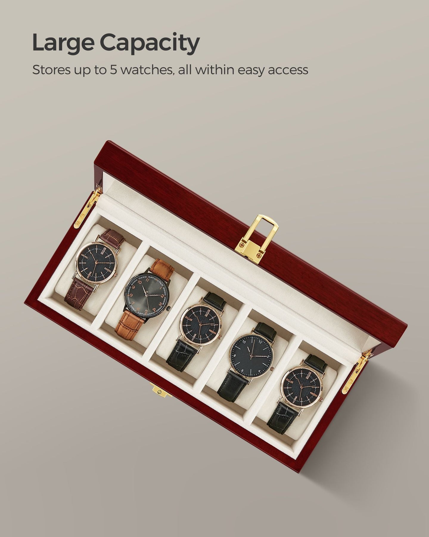 Watch Box - Wood - Elegant White - 5-Slot with Glass Lid and Removable Pillows