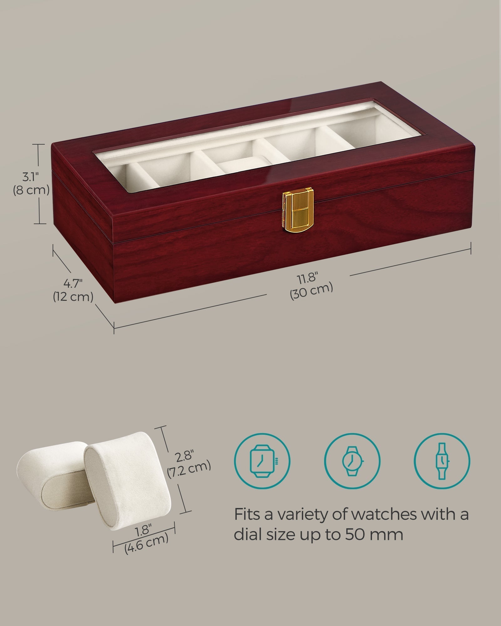 Watch Box - Wood - Elegant White - 5-Slot with Glass Lid and Removable Pillows