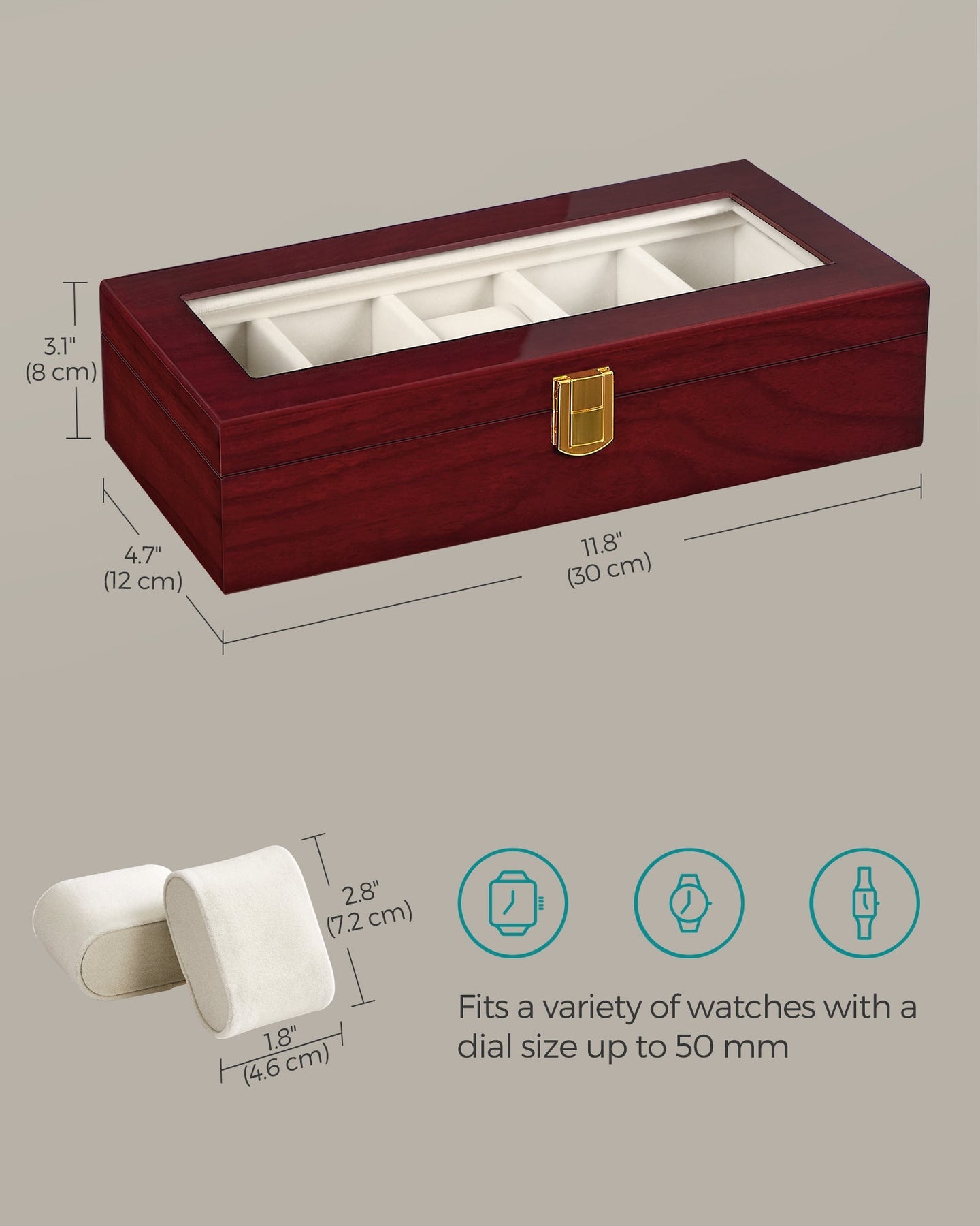 Watch Box - Wood - Elegant White - 5-Slot with Glass Lid and Removable Pillows