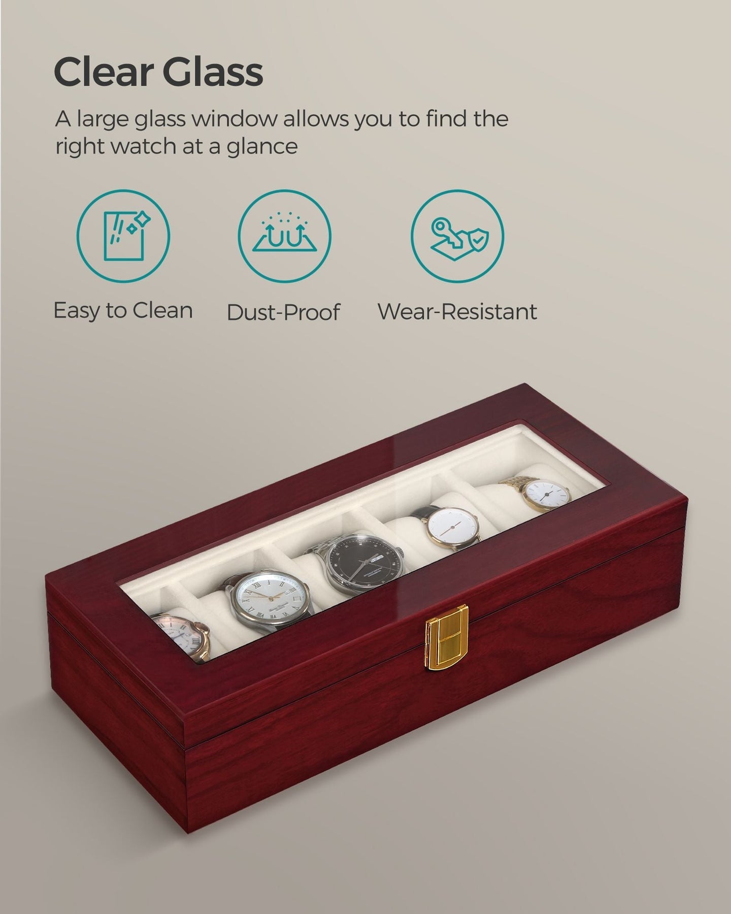 Watch Box - Wood - Elegant White - 5-Slot with Glass Lid and Removable Pillows