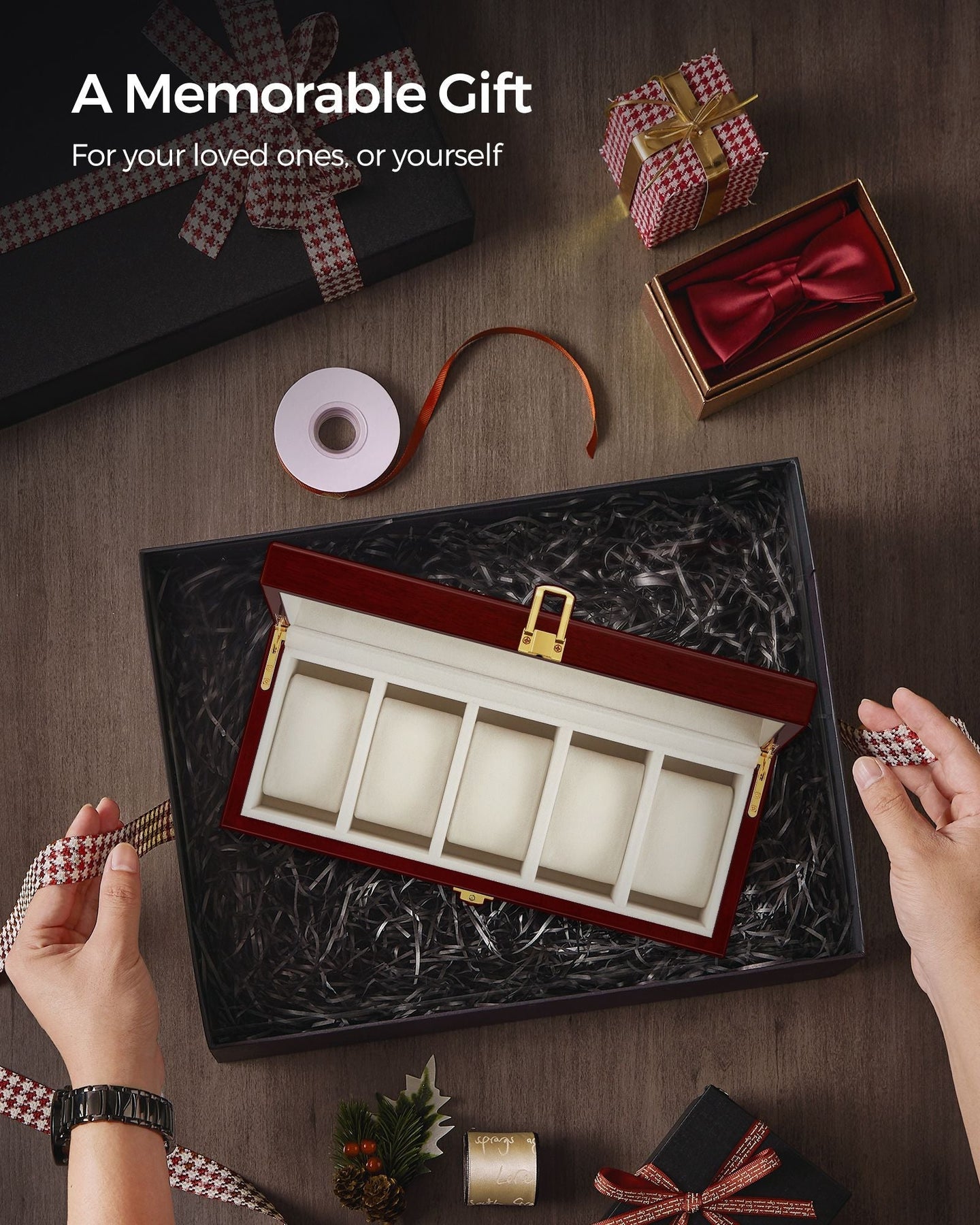 Watch Box - Wood - Elegant White - 5-Slot with Glass Lid and Removable Pillows