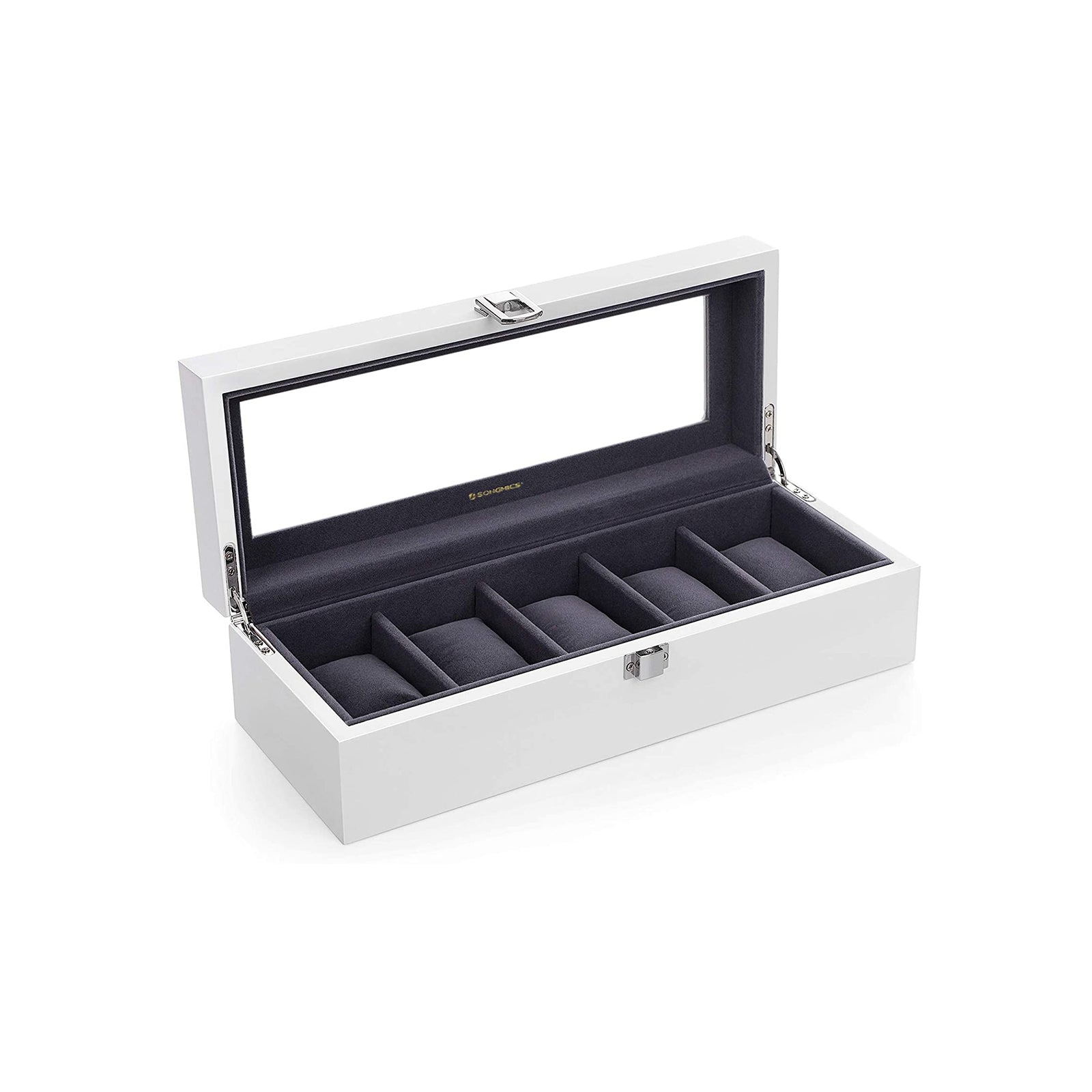 Wooden Watch Box - 5 Slots with Glass Lid - White - Elegant Finish