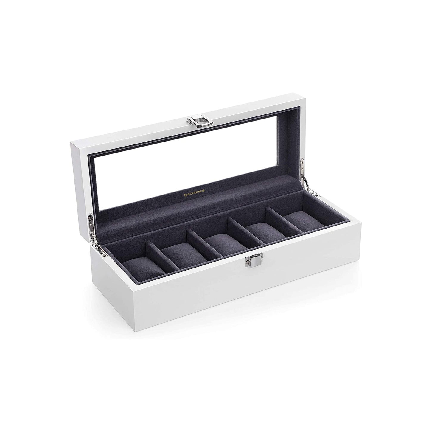 Wooden Watch Box - 5 Slots with Glass Lid - White - Elegant Finish