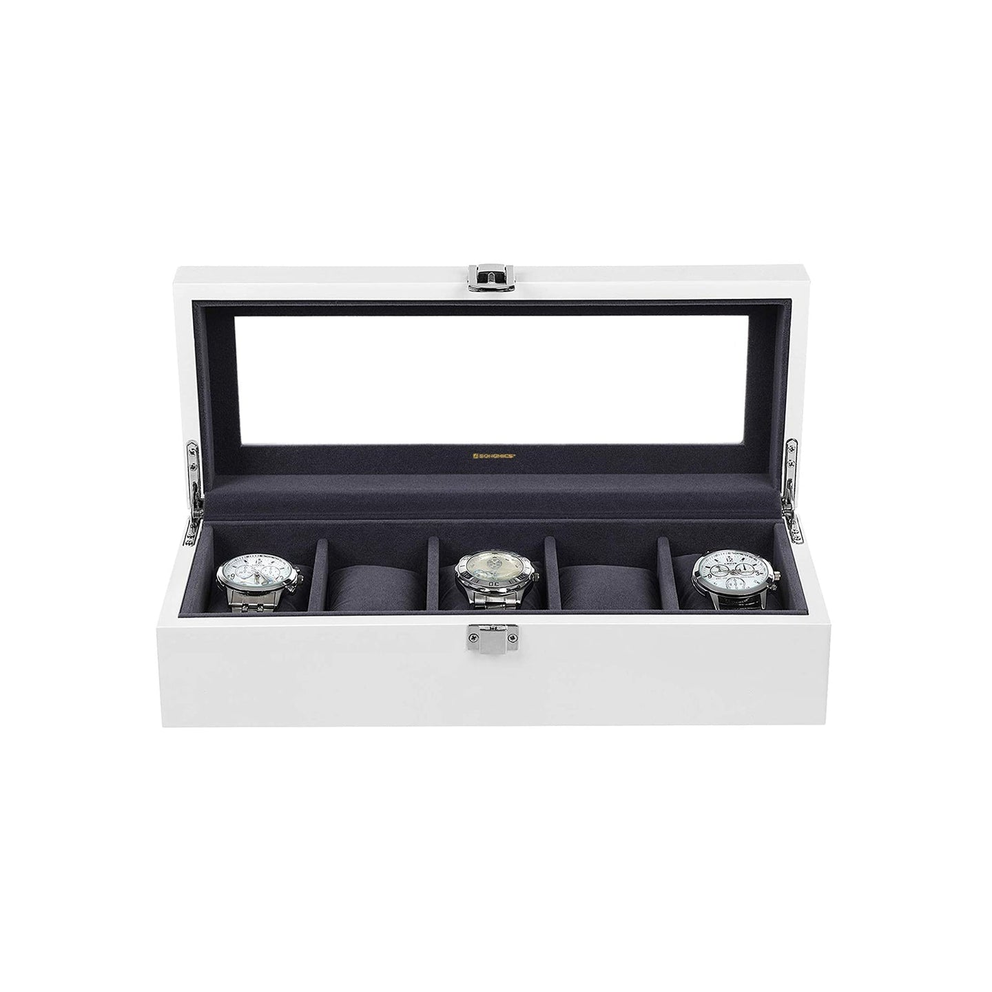 Wooden Watch Box - 5 Slots with Glass Lid - White - Elegant Finish