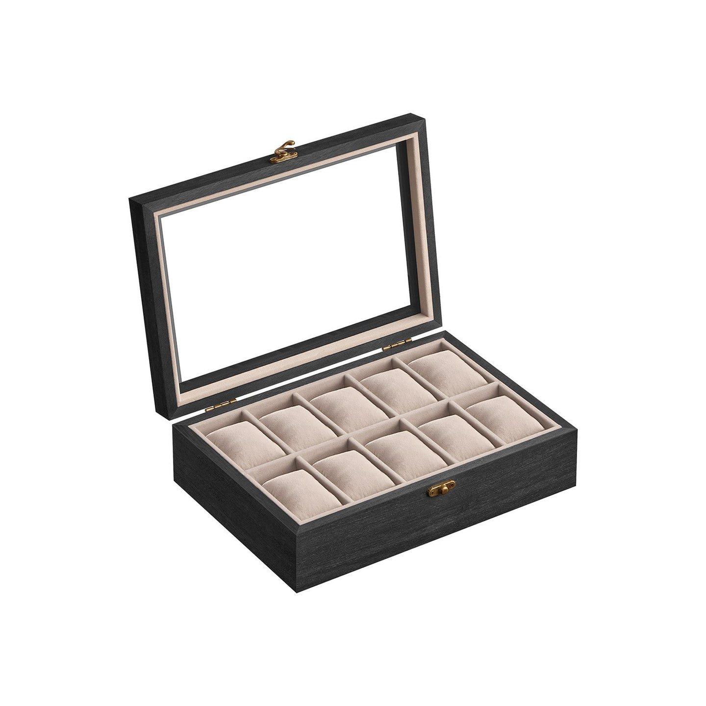 Watch Box - Solid Wood - Ebony Black - 10 Slot Organizer with Glass Lid