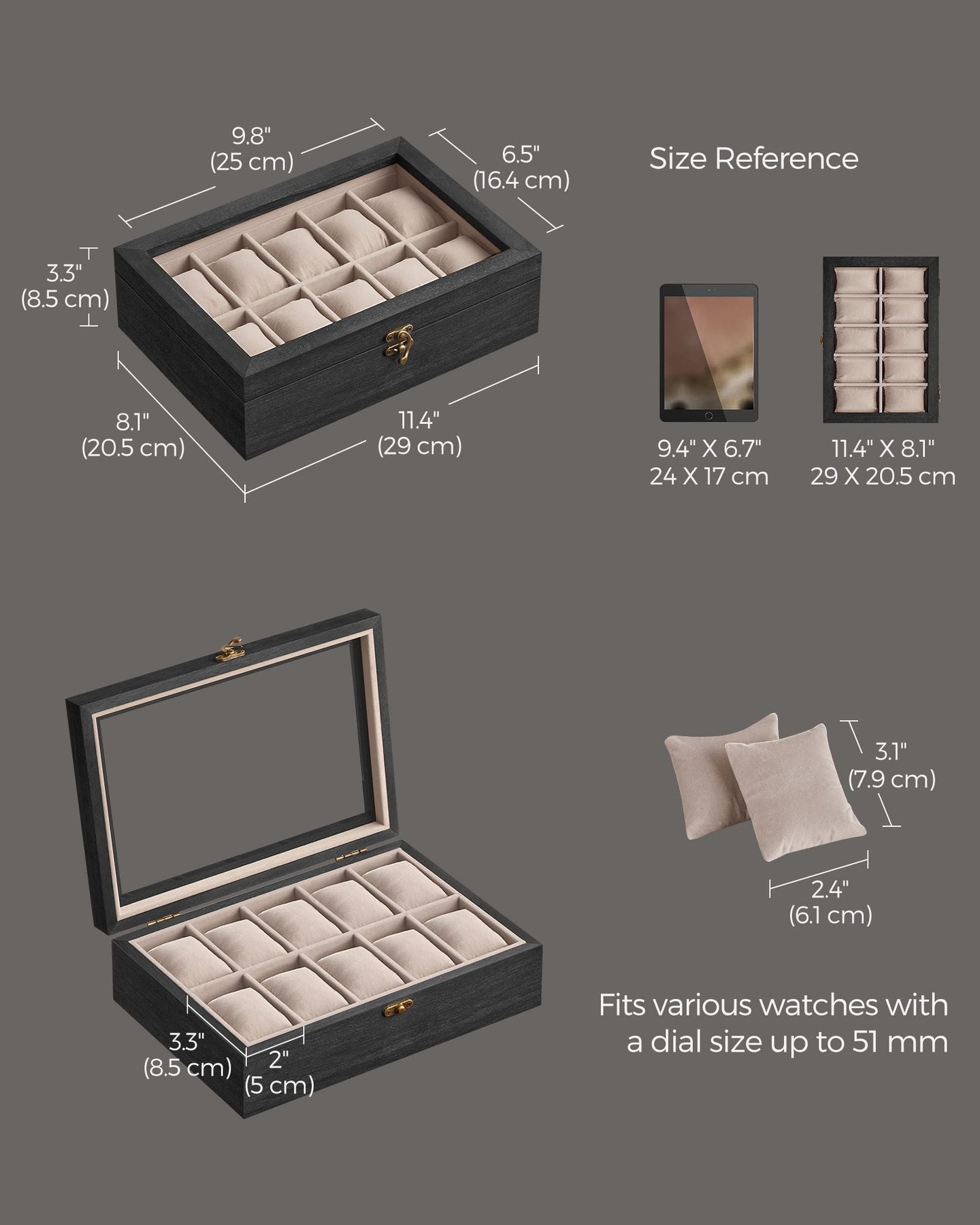 Watch Box - Solid Wood - Ebony Black - 10 Slot Organizer with Glass Lid