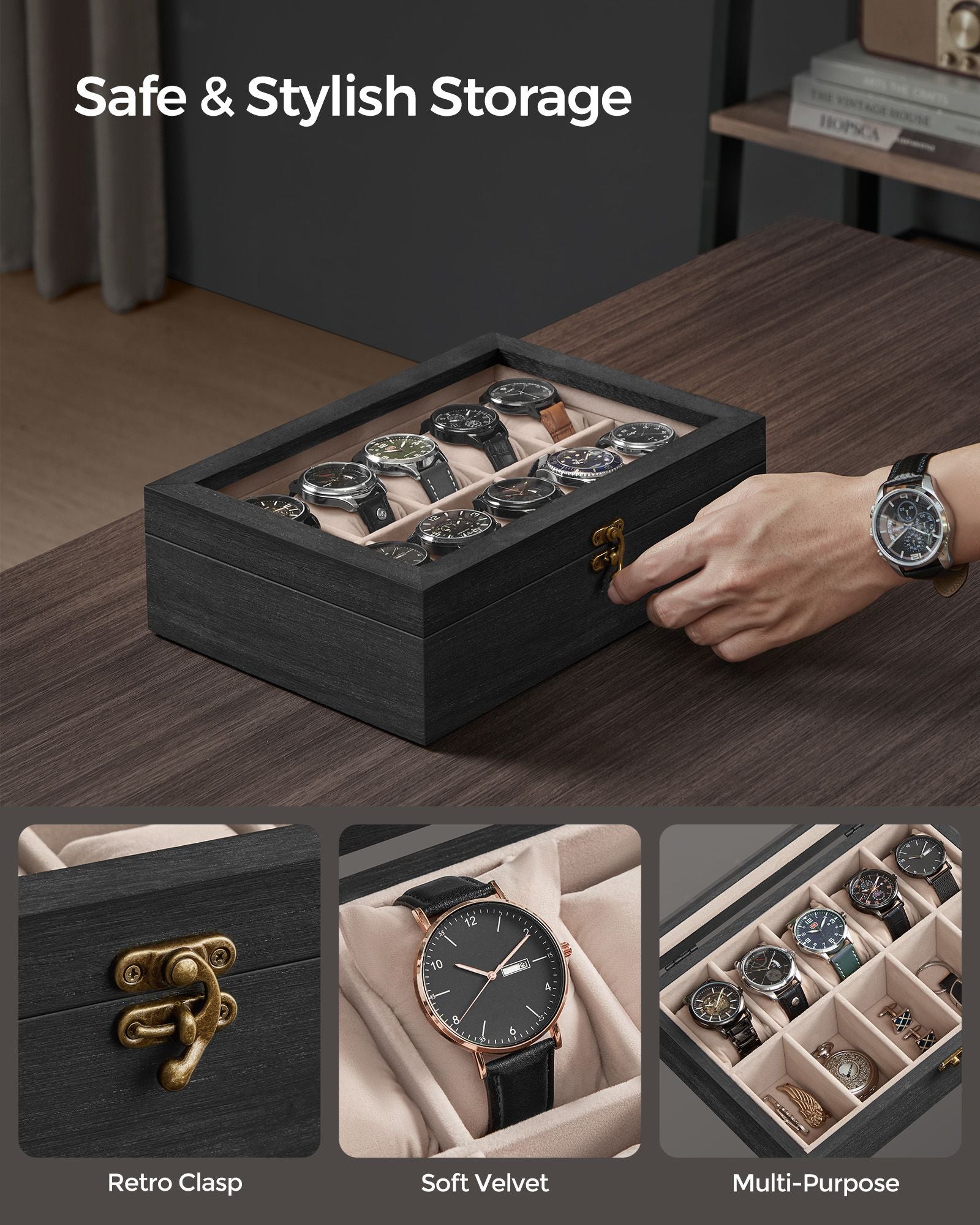 Watch Box - Solid Wood - Ebony Black - 10 Slot Organizer with Glass Lid