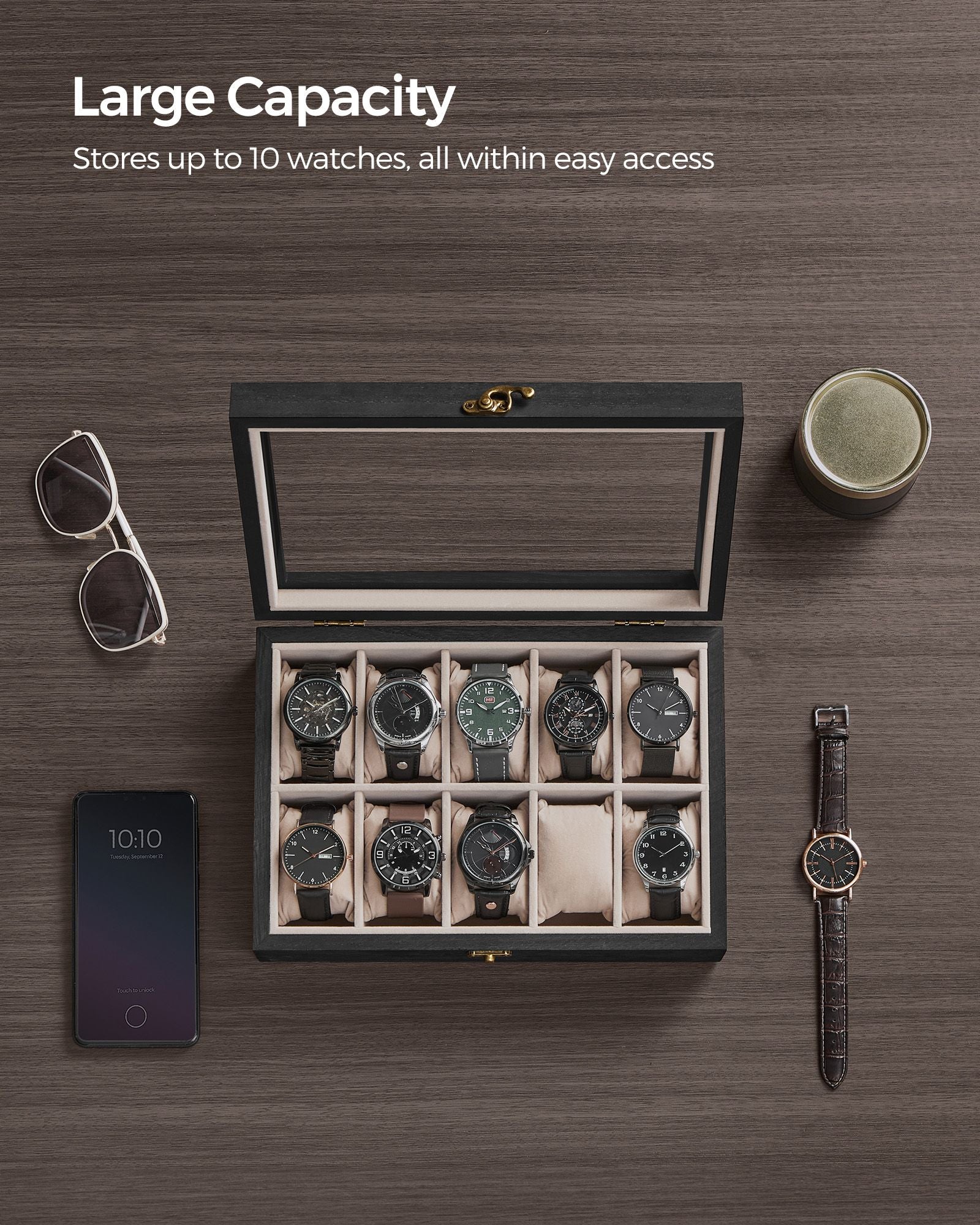 Watch Box - Solid Wood - Ebony Black - 10 Slot Organizer with Glass Lid
