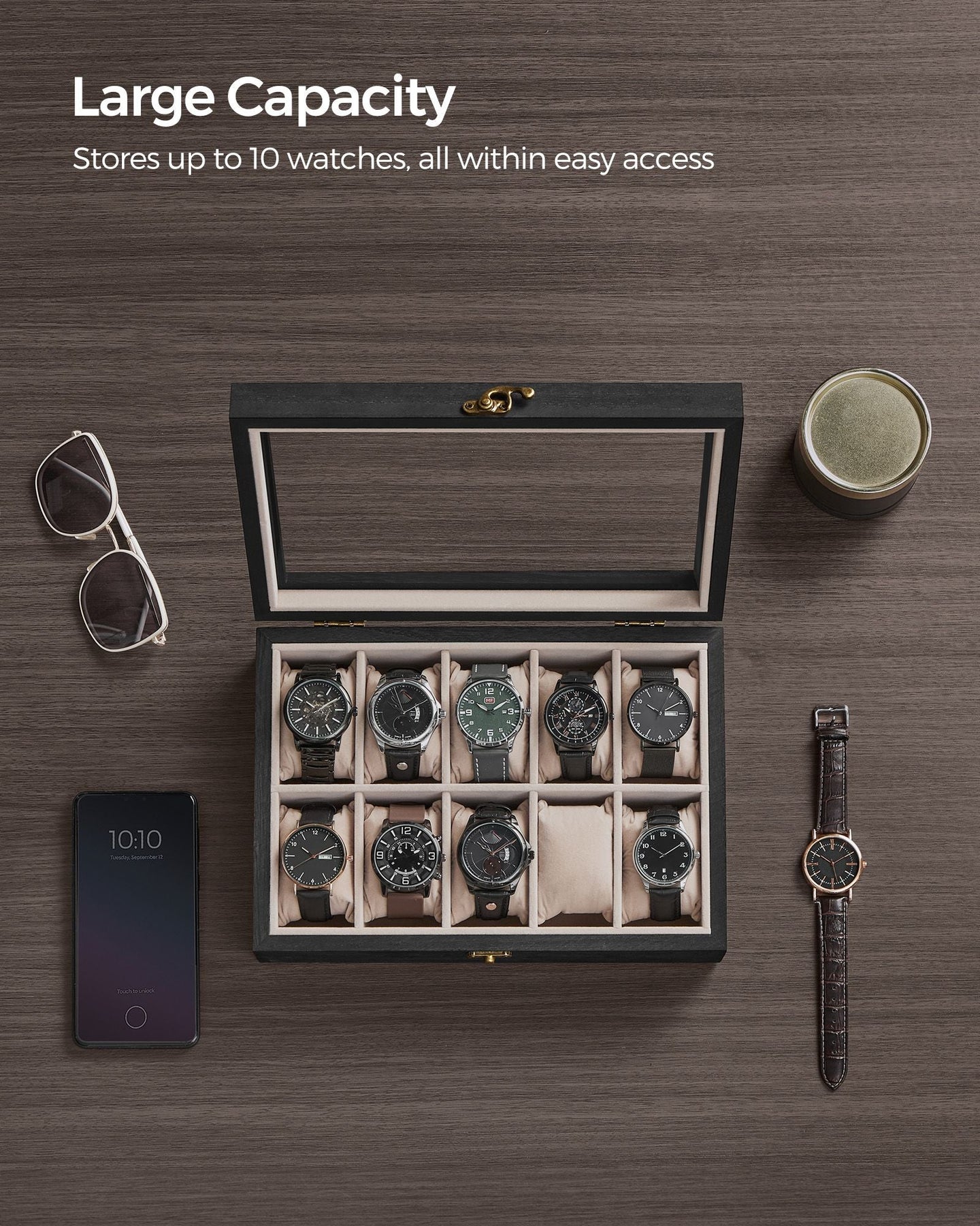 Watch Box - Solid Wood - Ebony Black - 10 Slot Organizer with Glass Lid