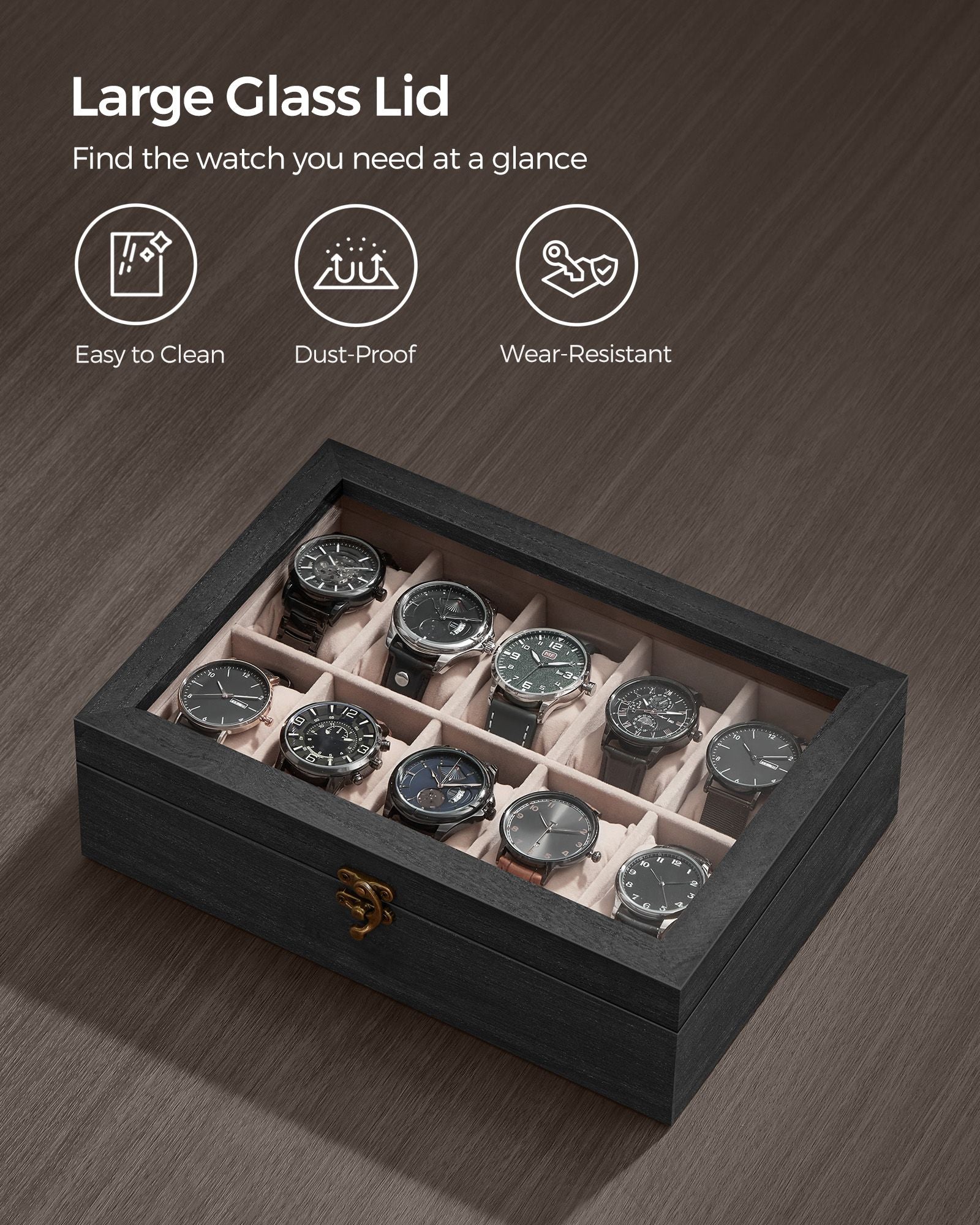 Watch Box - Solid Wood - Ebony Black - 10 Slot Organizer with Glass Lid