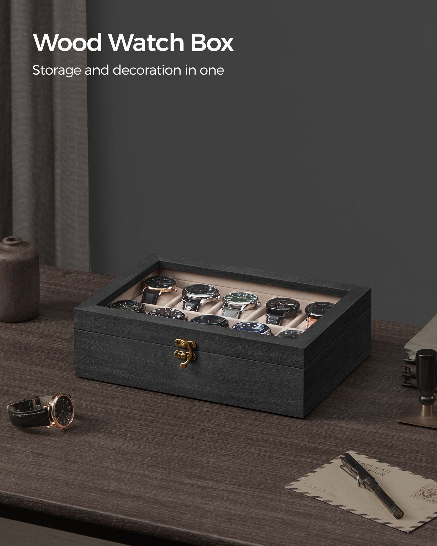 Watch Box - Solid Wood - Ebony Black - 10 Slot Organizer with Glass Lid