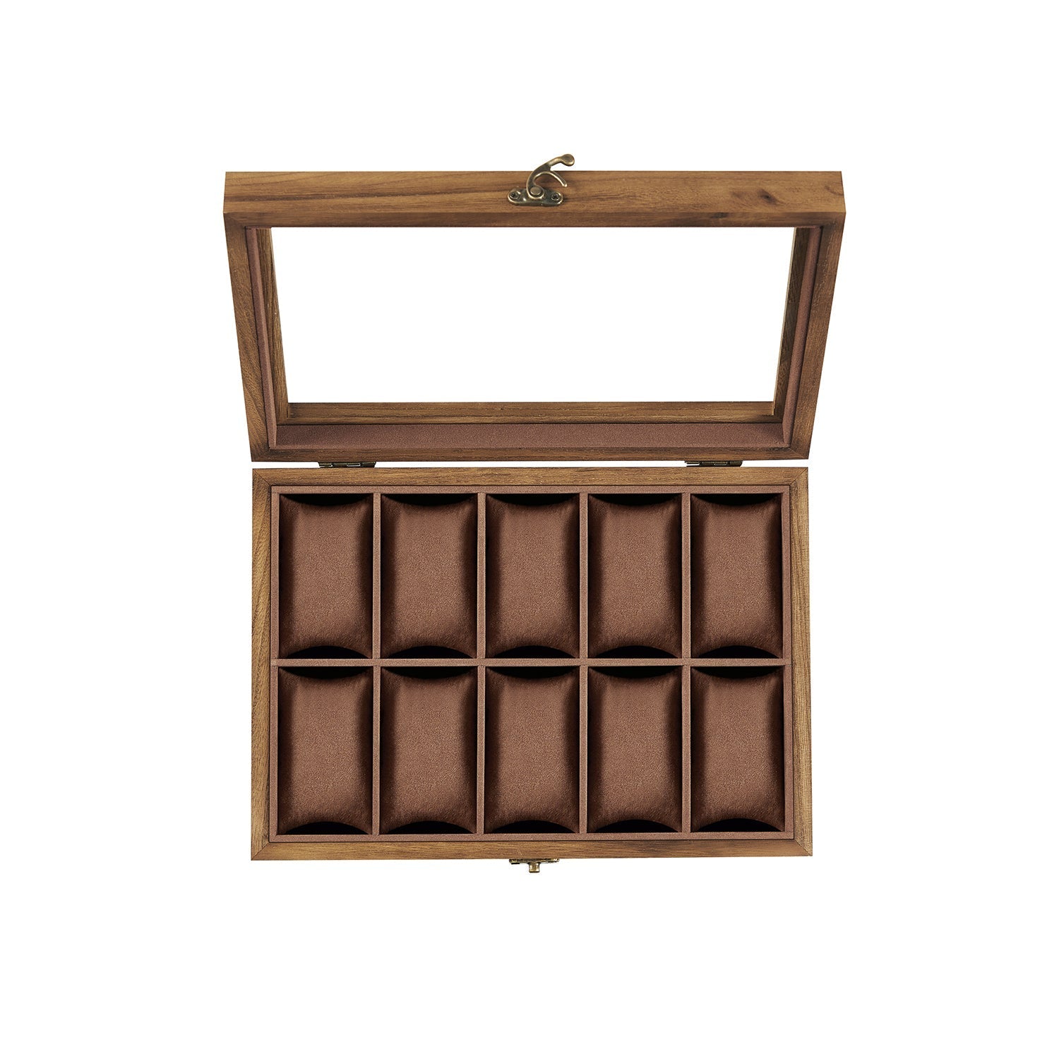 Watch Box - Solid Wood - Rustic Walnut - 10 Slots with Glass Lid and Removable Pillows