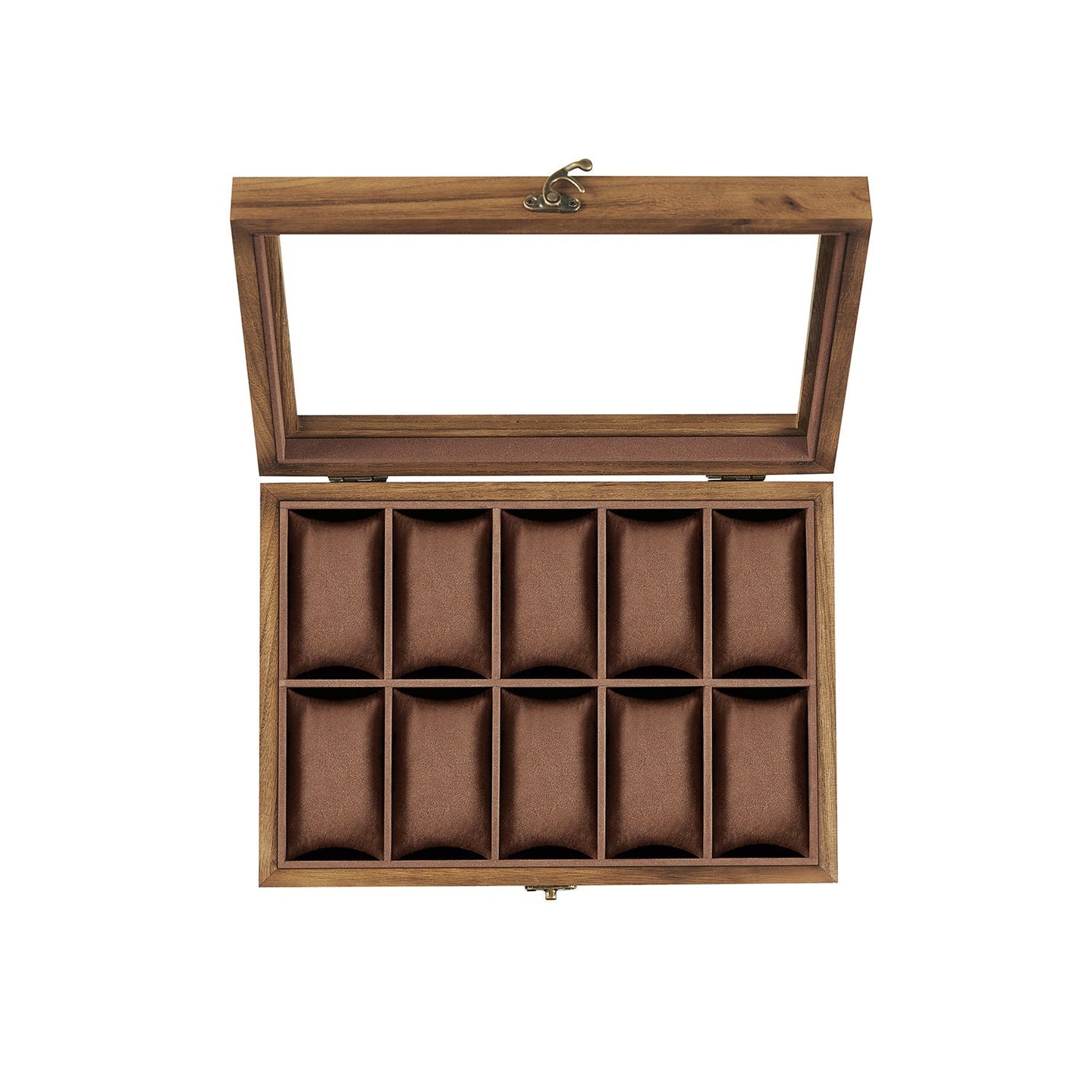 Watch Box - Solid Wood - Rustic Walnut - 10 Slots with Glass Lid and Removable Pillows