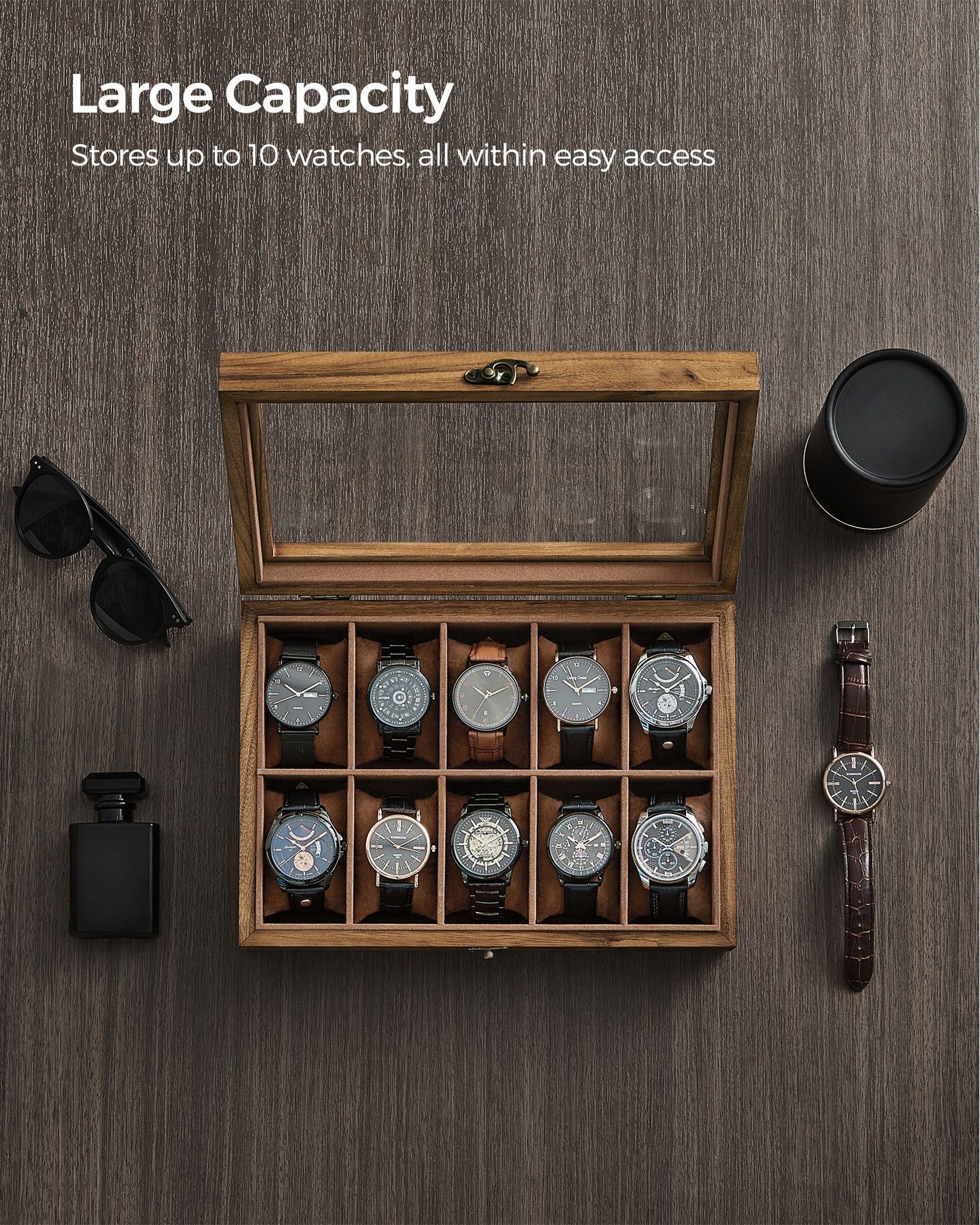 Watch Box - Solid Wood - Rustic Walnut - 10 Slots with Glass Lid and Removable Pillows