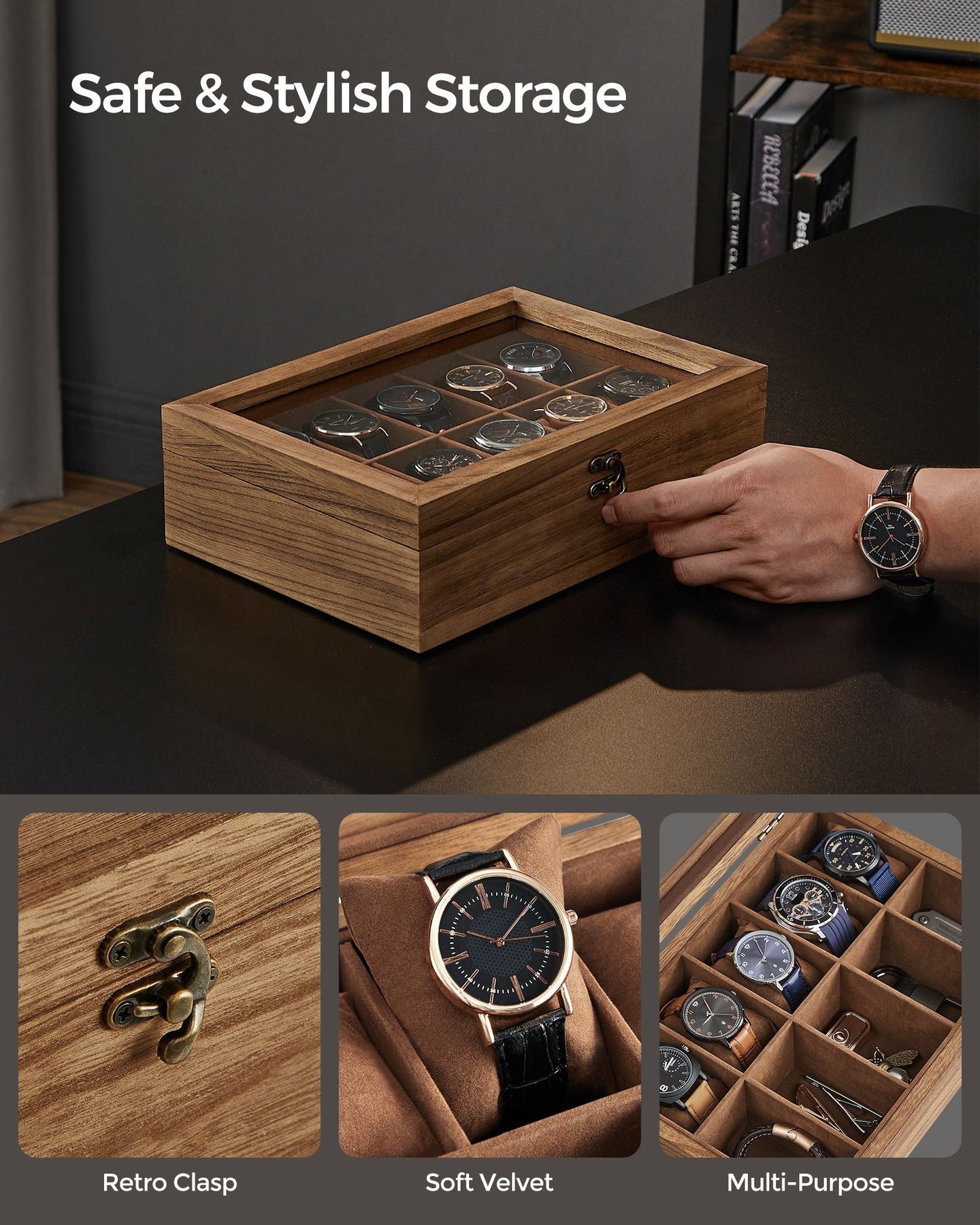 Watch Box - Solid Wood - Rustic Walnut - 10 Slots with Glass Lid and Removable Pillows
