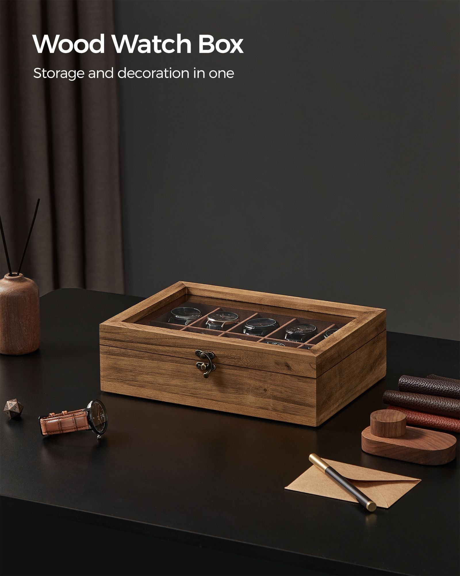 Watch Box - Solid Wood - Rustic Walnut - 10 Slots with Glass Lid and Removable Pillows