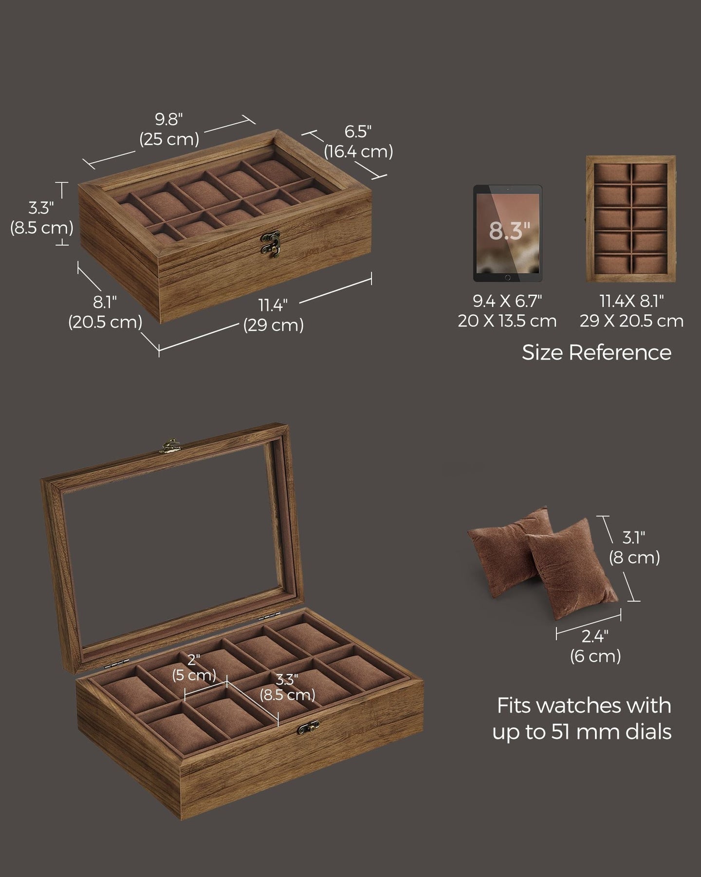 Watch Box - Solid Wood - Rustic Walnut - 10 Slots with Glass Lid and Removable Pillows