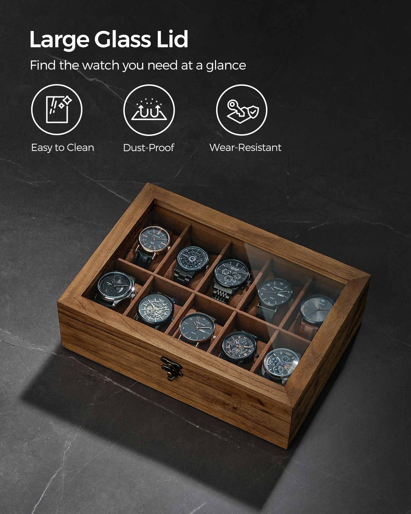 Watch Box - Solid Wood - Rustic Walnut - 10 Slots with Glass Lid and Removable Pillows
