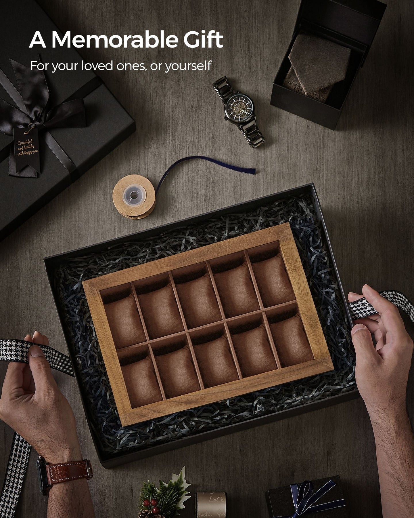 Watch Box - Solid Wood - Rustic Walnut - 10 Slots with Glass Lid and Removable Pillows