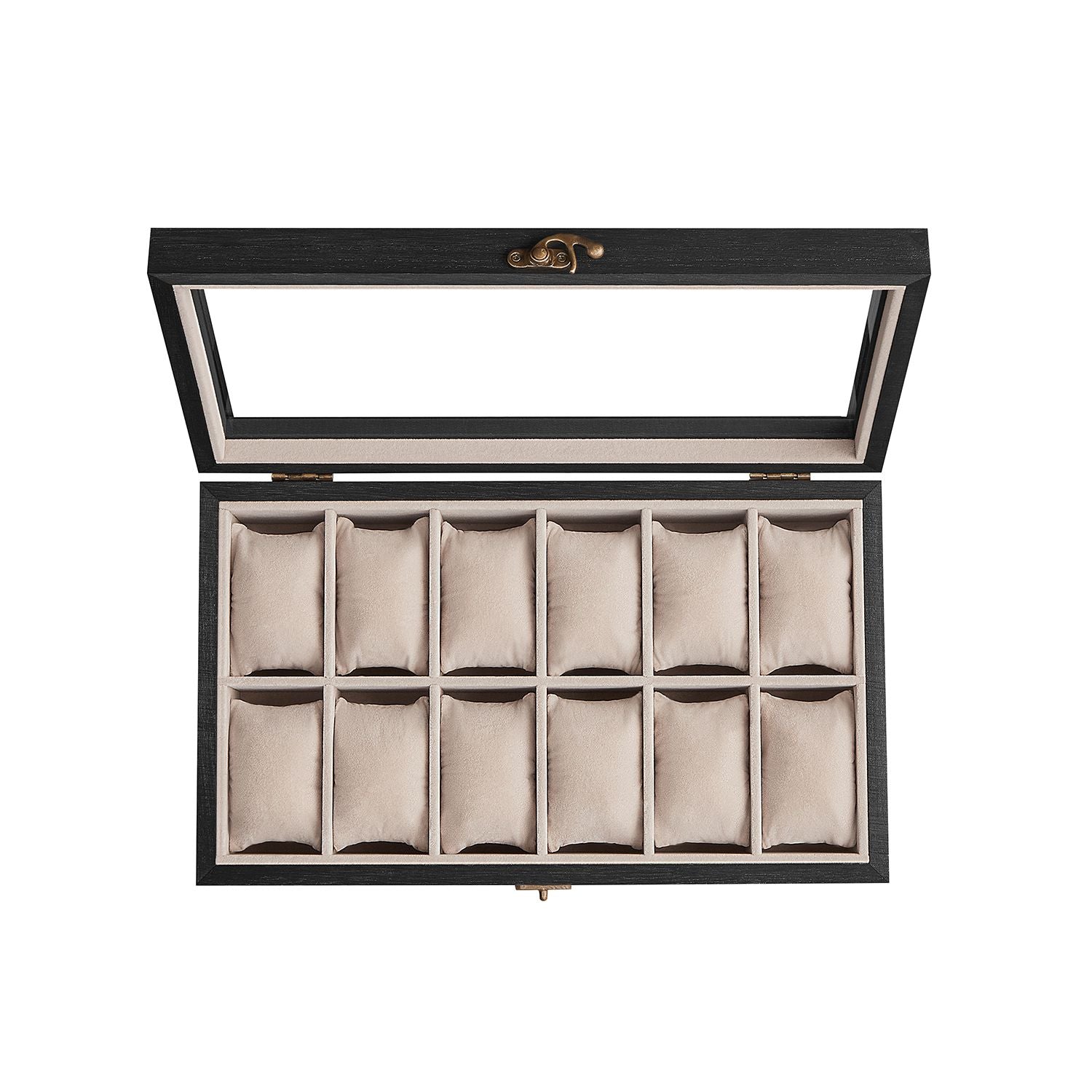 12-Slot Solid Wood Watch Box - Large Glass Lid - Ebony Black - Elegant Display with a Glass Lid