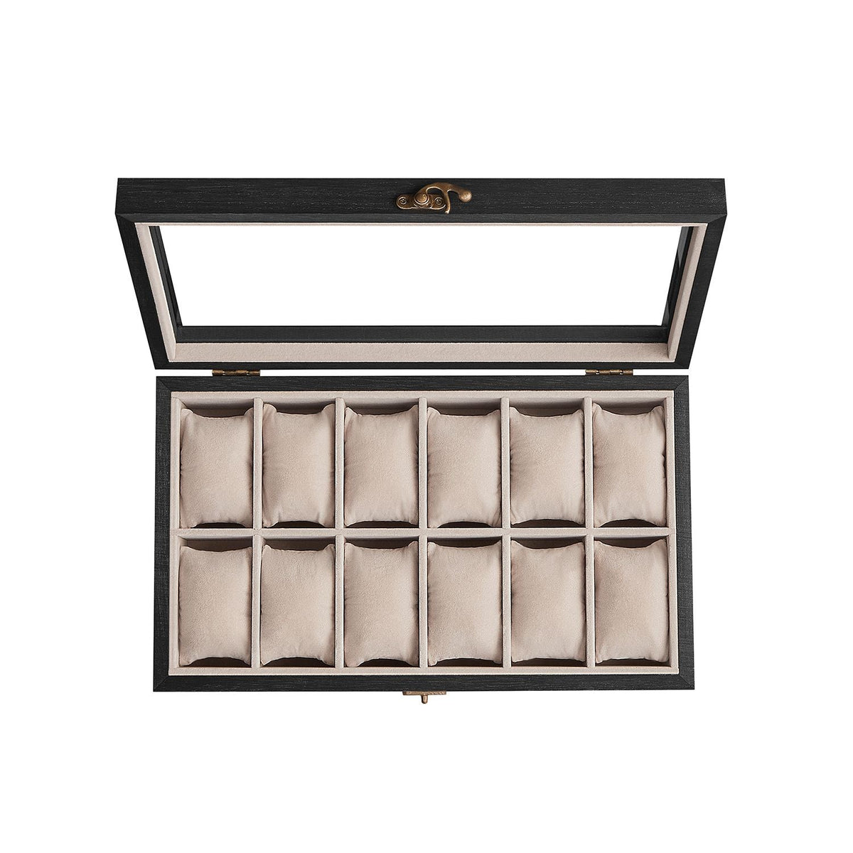 12-Slot Solid Wood Watch Box - Large Glass Lid - Ebony Black - Elegant Display with a Glass Lid