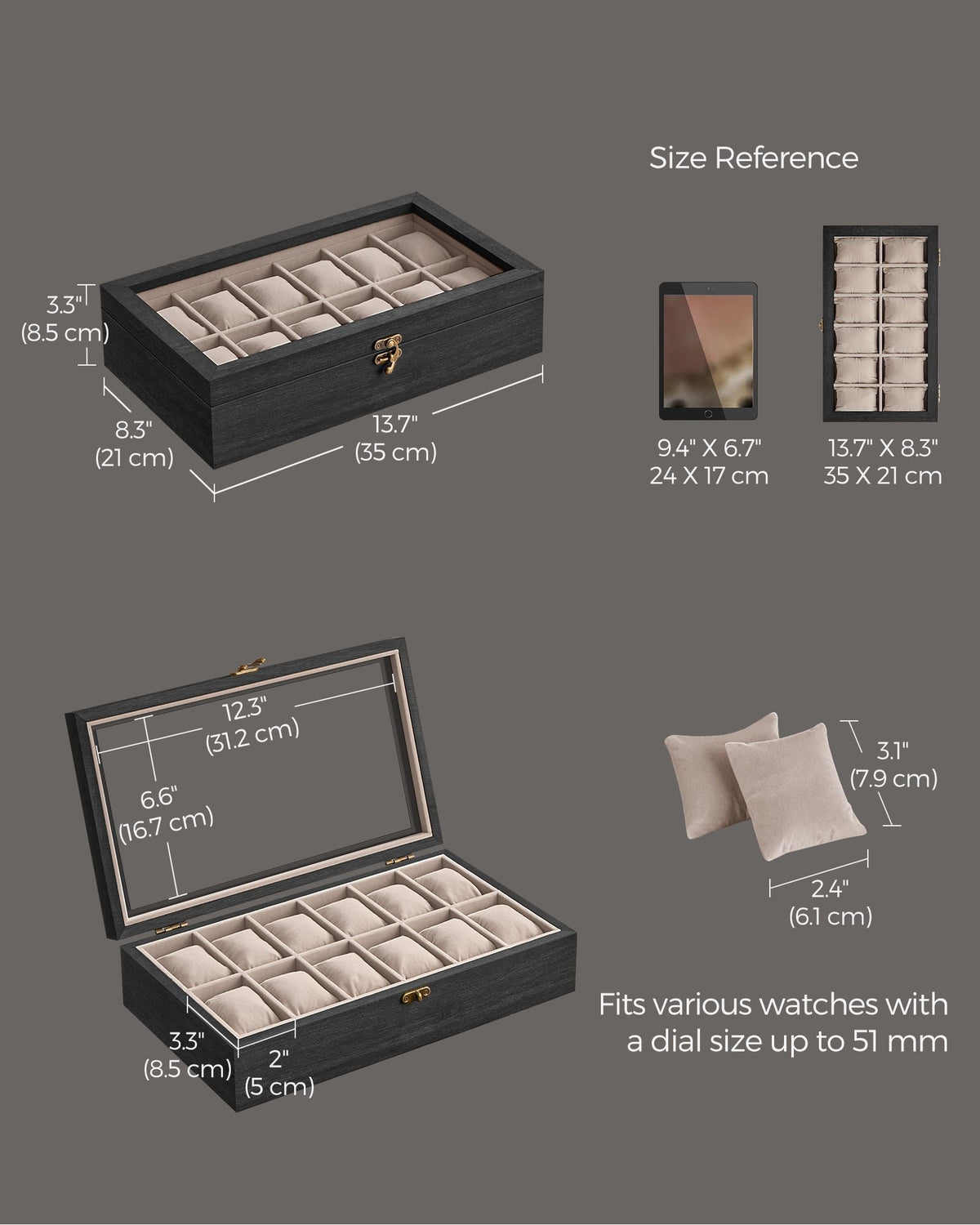 12-Slot Solid Wood Watch Box - Large Glass Lid - Ebony Black - Elegant Display with a Glass Lid