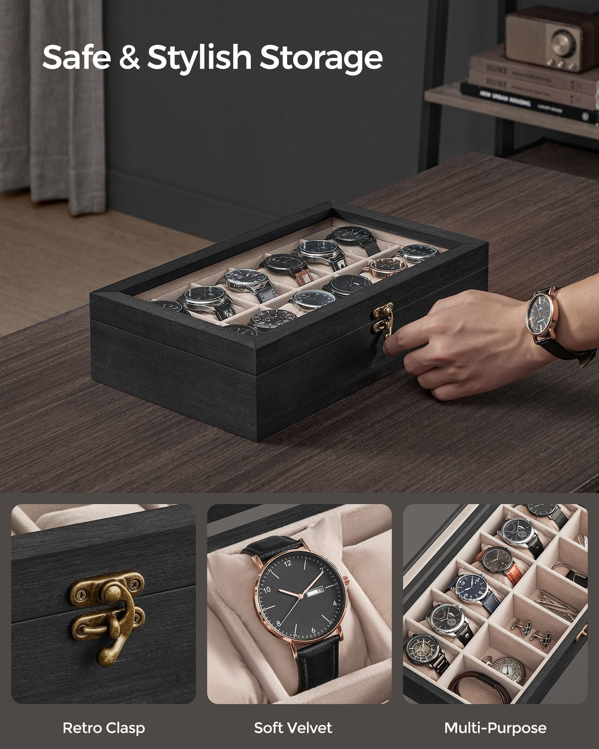 12-Slot Solid Wood Watch Box - Large Glass Lid - Ebony Black - Elegant Display with a Glass Lid
